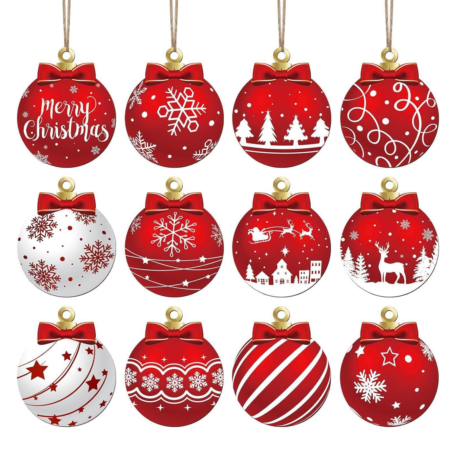 Nucelit 12PCS Wooden Christmas Ball Ornaments Hanging Pendant Festival Home Decoration Decorative Holiday Party Supplies Stackable Festival Wooden Ornaments