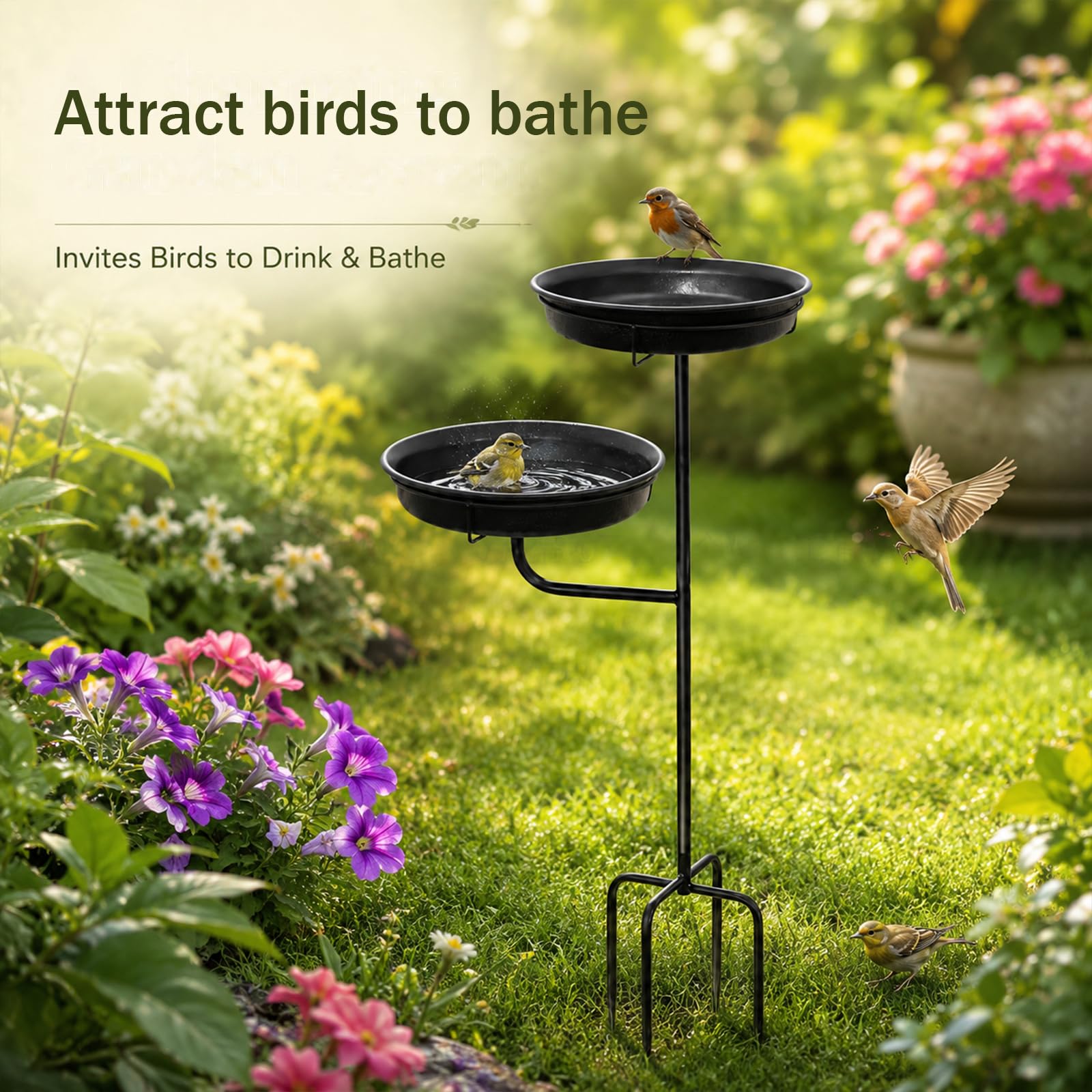 Bebedero Pájaros de Exterior Vintage Independiente, Comedero Pájaros con Base de 4 Estacas Metálicas, para Jardín, Terraza, Patio y Césped (Negro)