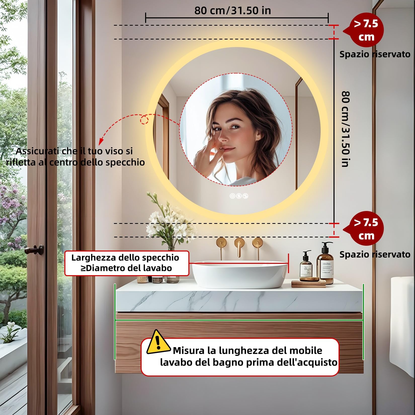 LUVODI Bluetooth 80cm Specchio Bagno Led Luce Rotondo Antiappannamento 3000K-6000K Dimmerabile 3 Colori Luce Funzione Memoria Specchio in Resina Specchio Retroilluminato Bagno