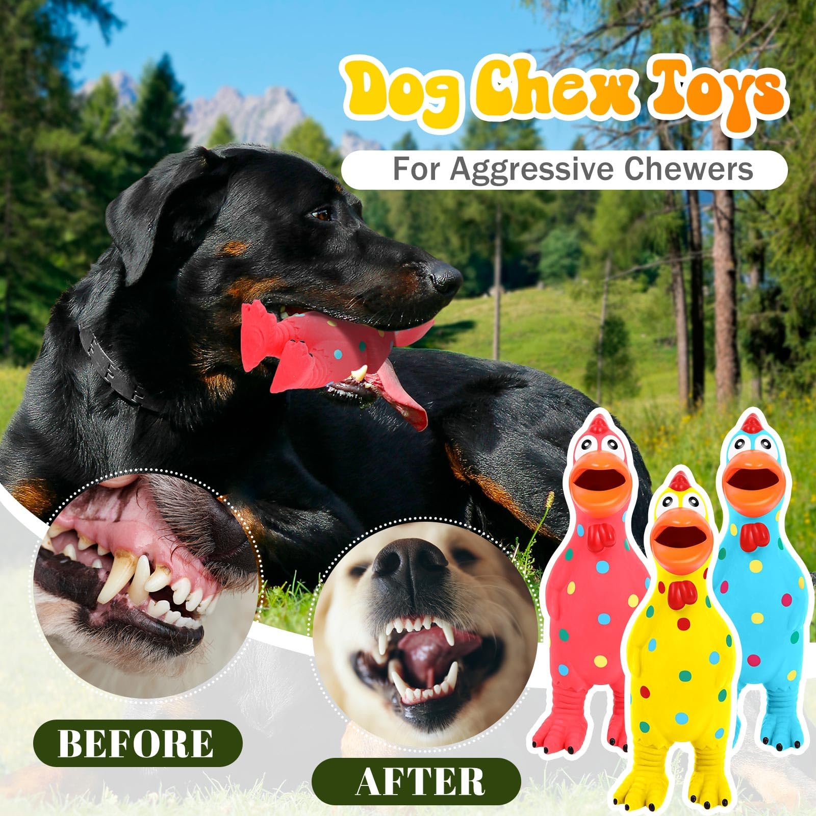 Lot de 4 jouets couineurs en latex pour chien en forme de poule agressifs, charmants et durables pour chiens de petite, moyenne et grande taille