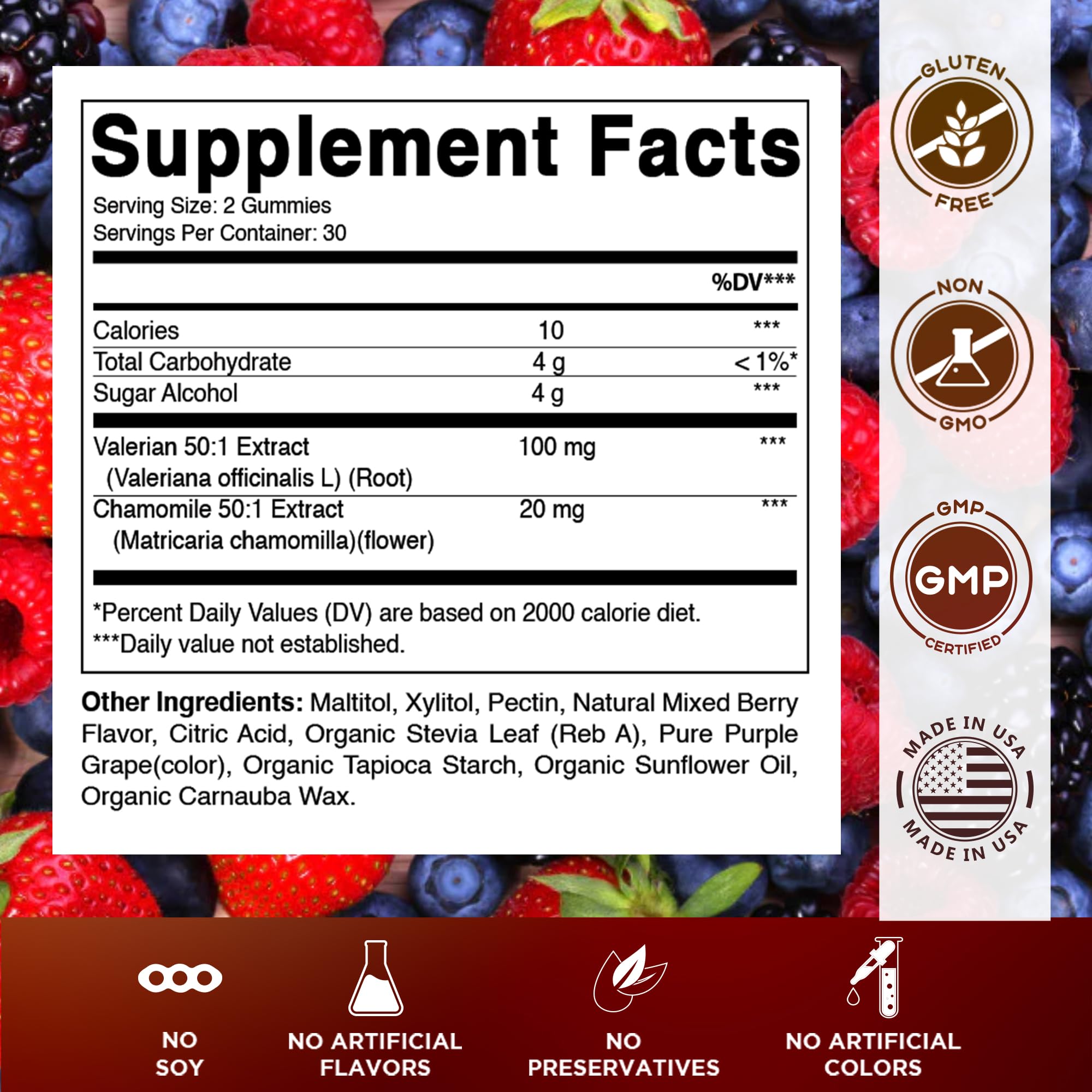 Vitamatic Valerian Root & Chamomile Gummies – Plant-Based Botanical Extract – Mixed Berry Flavor – Vegan, Non-GMO, Gluten-Free – Herbal Supplement – 60 Count — Amazon image 2