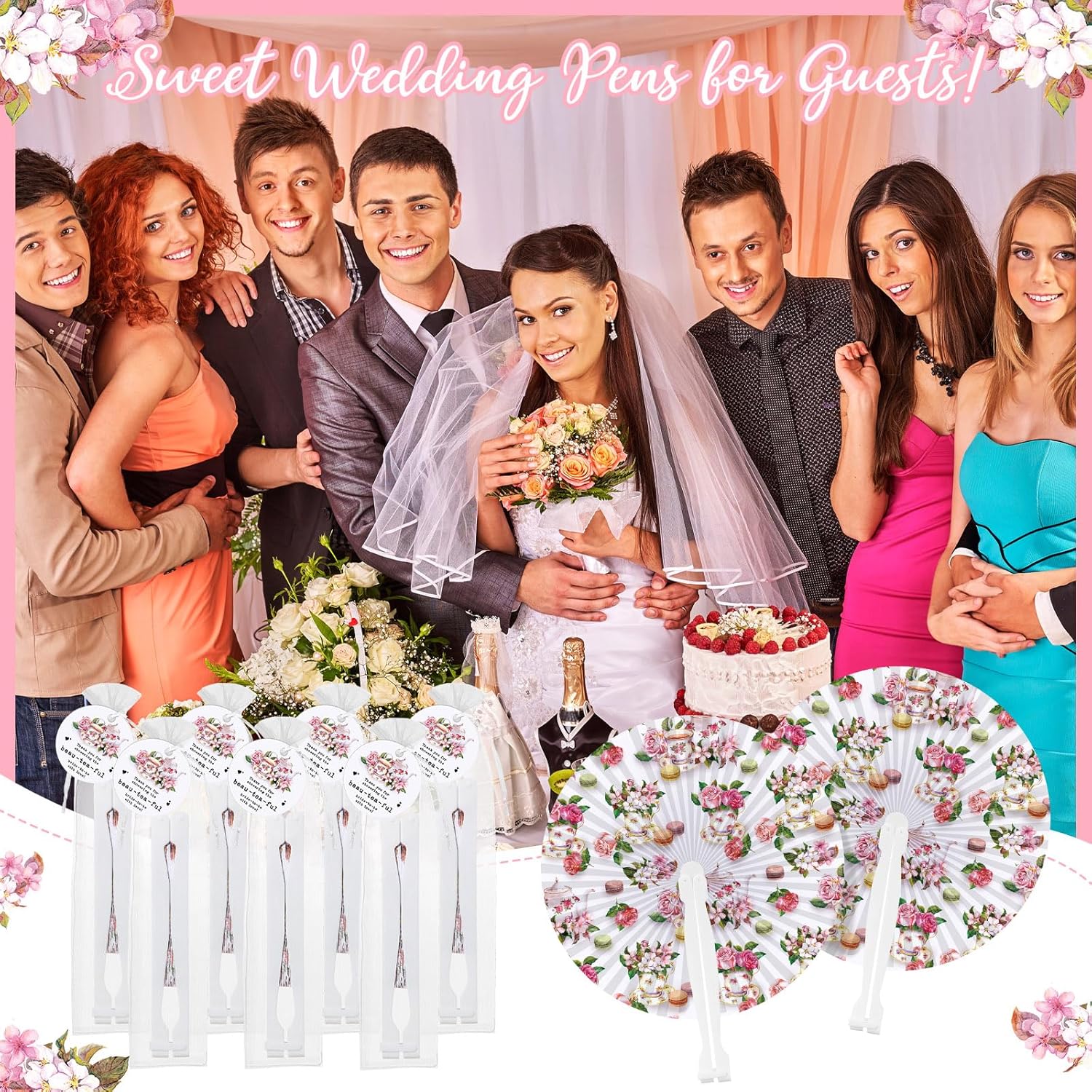 CroBlissful 50 Sets Bridal Shower Tea Party Favors for Guests Floral Handheld Fans with Thank You Card Wedding Hand Fans Tea Party Favors for Bridal Shower Party Supplies