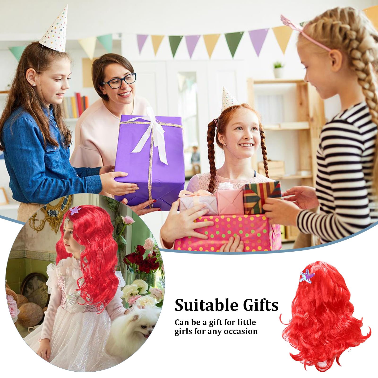 Parrucca Per Bambini a Forma Di Sirena Costume Da Sirena Parrucca Principessa Cosplay Accessori Parrucca Rossa Lunga Ondulata Anime Parrucca Ariel Sirenetta Bambina Per Carnevale, Feste a Tema,Cosplay