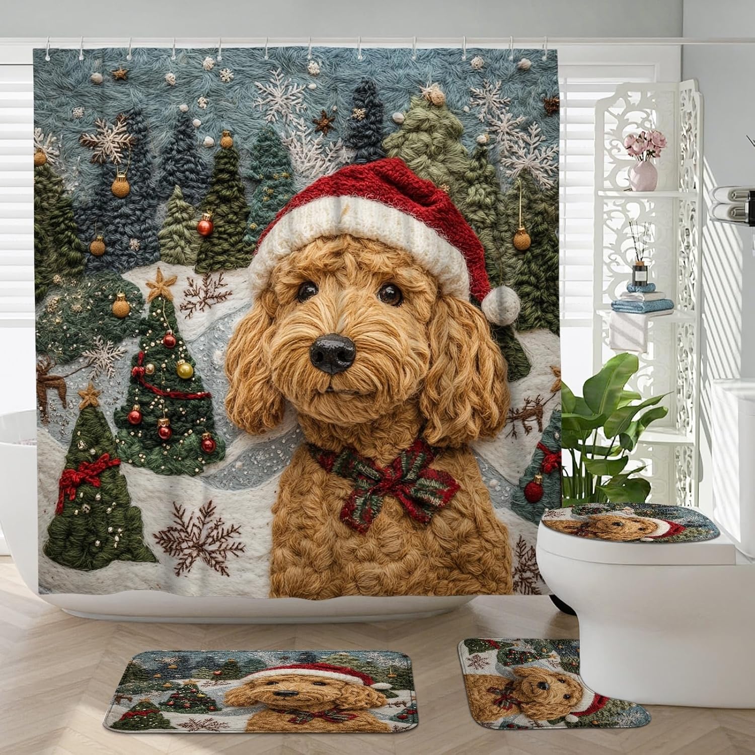 4PCS Christmas Golden Doodle Dog Shower Curtain Sets with Non-Slip Rug, U Shape and Toilet Lid Cover Mat, Xmas Novelty Tree Home Decoration, Bathroom Accessory with 12 Hooks