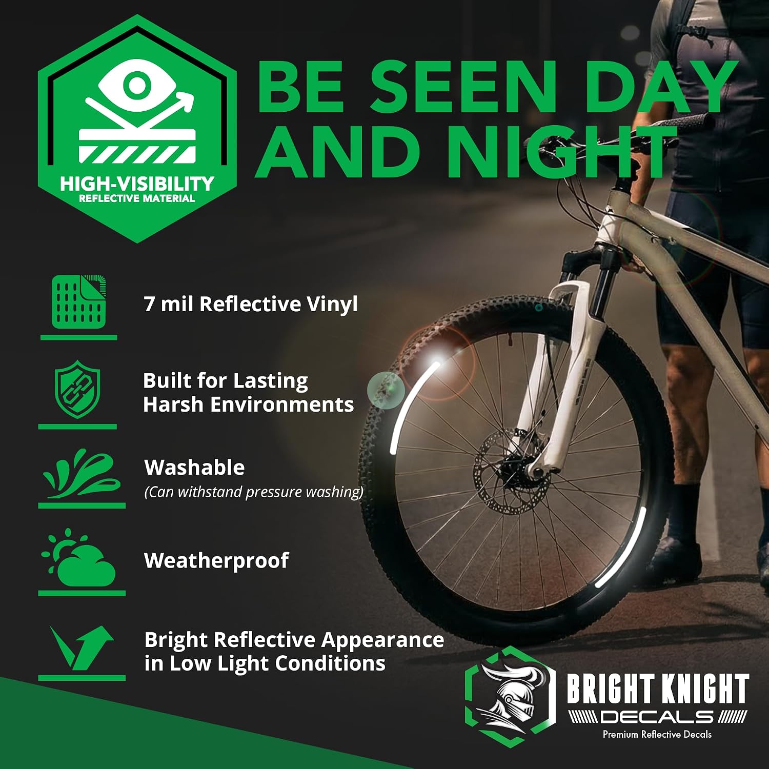 BRIGHT KNIGHT DECALS Reflective Stickers for Bike Wheel Rims | 3M Reflective Bike Rim Tape Decal Kit for Bicycles and Motorcycles, Night Riding Visibility, Fits 20-24" Disc Brake Rims