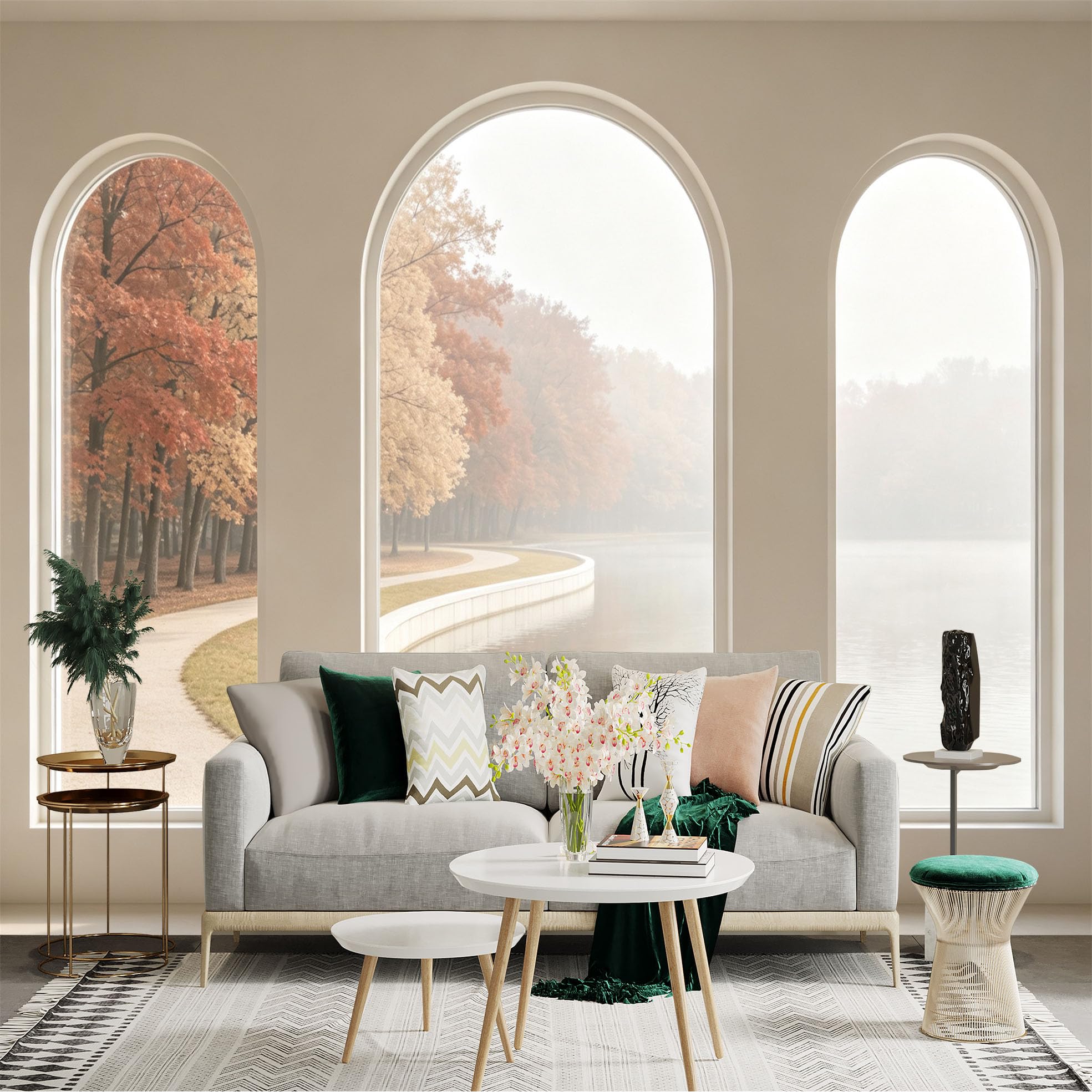Custom Size Wall Sticker Mural， Arch Window View， Misty Autumn Park， Peaceful Lake Scenery， Golden Maple Trees， for wall Decoration， peelandstick wall Decals.