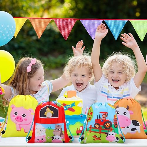 Miniatura 2 de Shappy Paquete de 16 bolsas de regalo de fiesta de animales de granja, suministros de cumpleaños, mochila de cuerda, bolsas temáticas con cordón