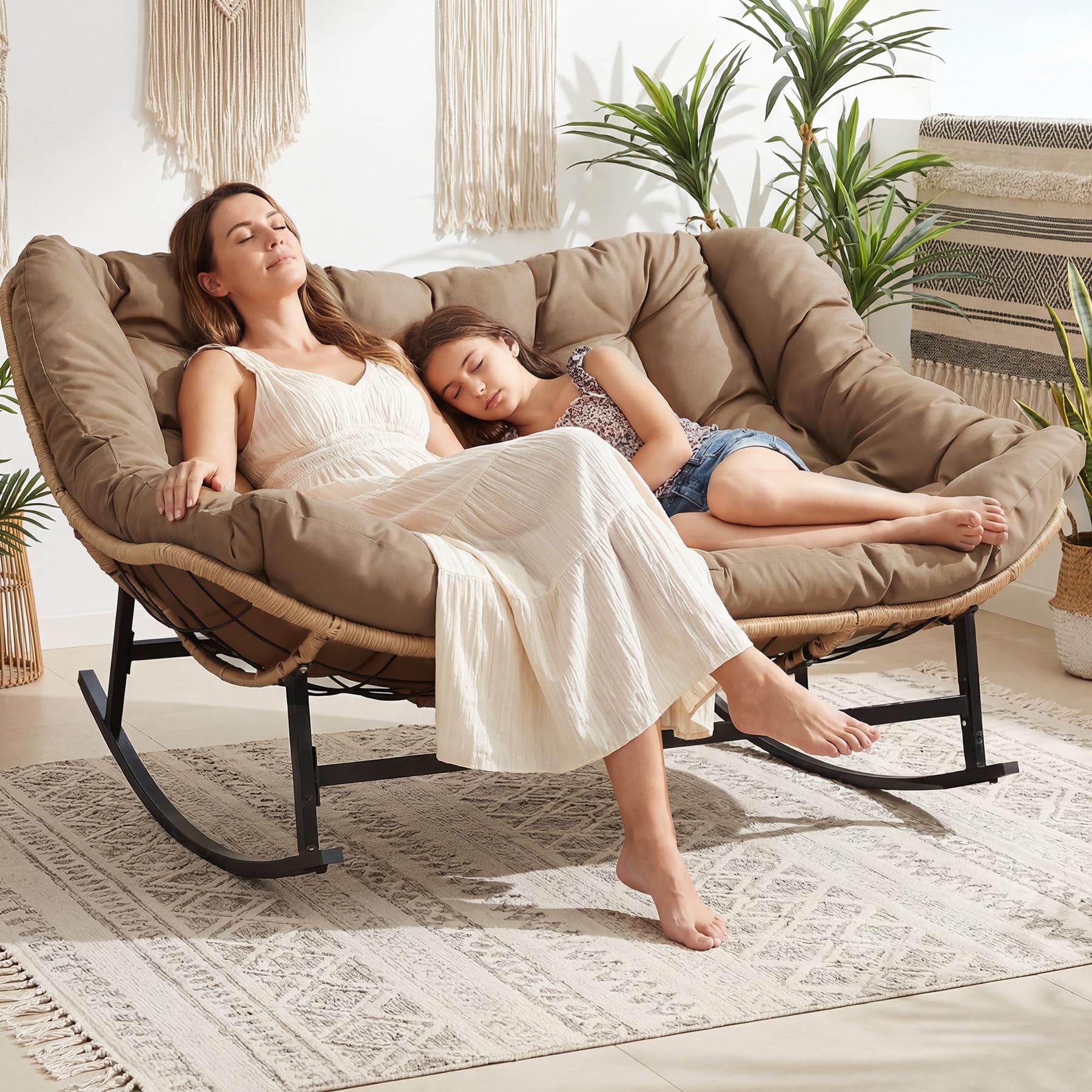 NICESOUL Double Large Papasan Chair Outdoor, Oversized 2 Person Egg Rocking Chair with Cushions, 700 lbs Heavy-Duty Wicker Loveseat Recliner Glider for Outdoor &amp; Indoor Patio, Balcony &amp; Garden, Brown