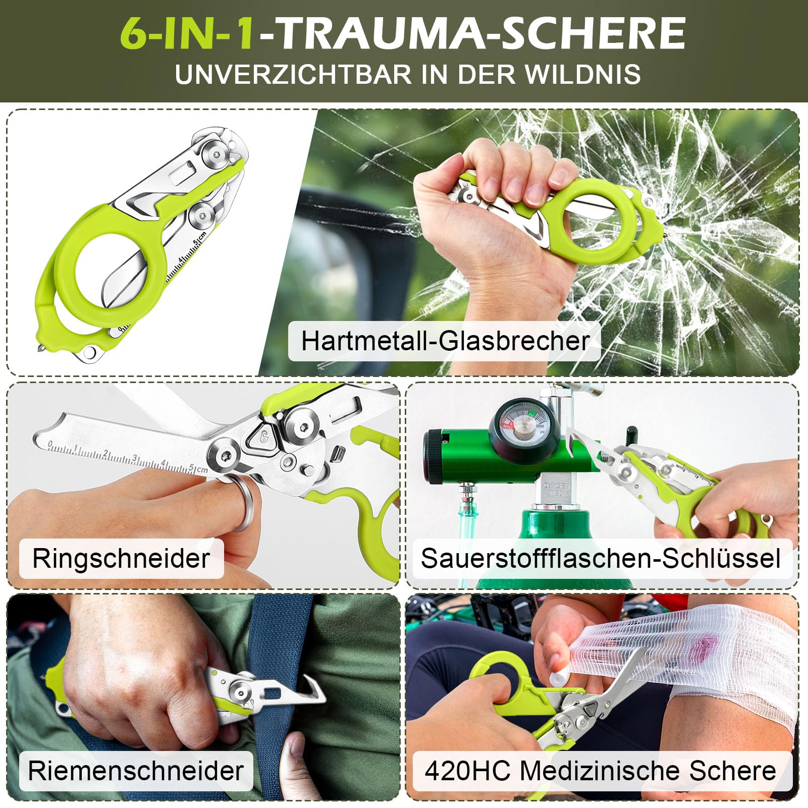 6 in 1 Trauma Schere Multitool Rettungsschere, Emergency Shears mit Strap Cutter und Glass Breaker Faltbare Scherenzange aus Edelstahl für Camping im Freien Multifunktionsschere Notfallschere