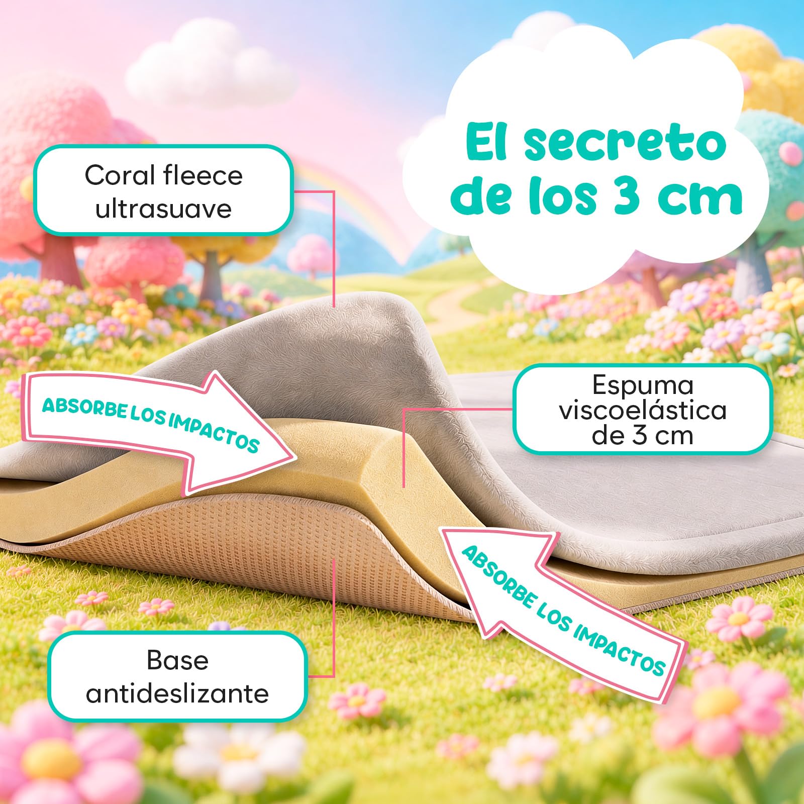 Alfombra de Juegos Bebé 150x150 cm – Alfombra de Memory Foam Acolchada 3 cm – No Tóxica, Antideslizante y Cómoda – Gran Tapete para Actividades y Gateo – Avec Maman