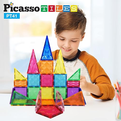 Miniatura 2 de PicassoTiles Juego de 41 azulejos magnéticos + 100 azulejos + 4 figuras de acción familiar, bloques de azulejos magnéticos de prisma, kit de