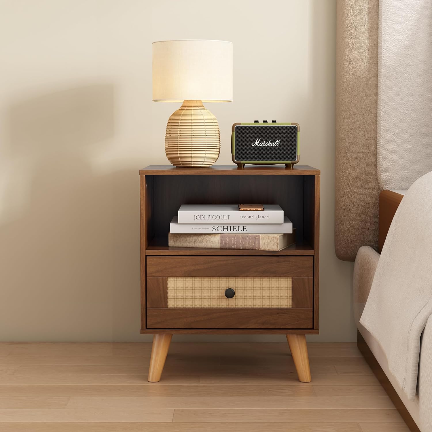 Everyday Side Table, Rattan Grain Finish Top and Open Storage Compartment Sideboard, Bedroom Living Room Sofa Multi-Scenario Applicable, Three Colors Available (Walnut)