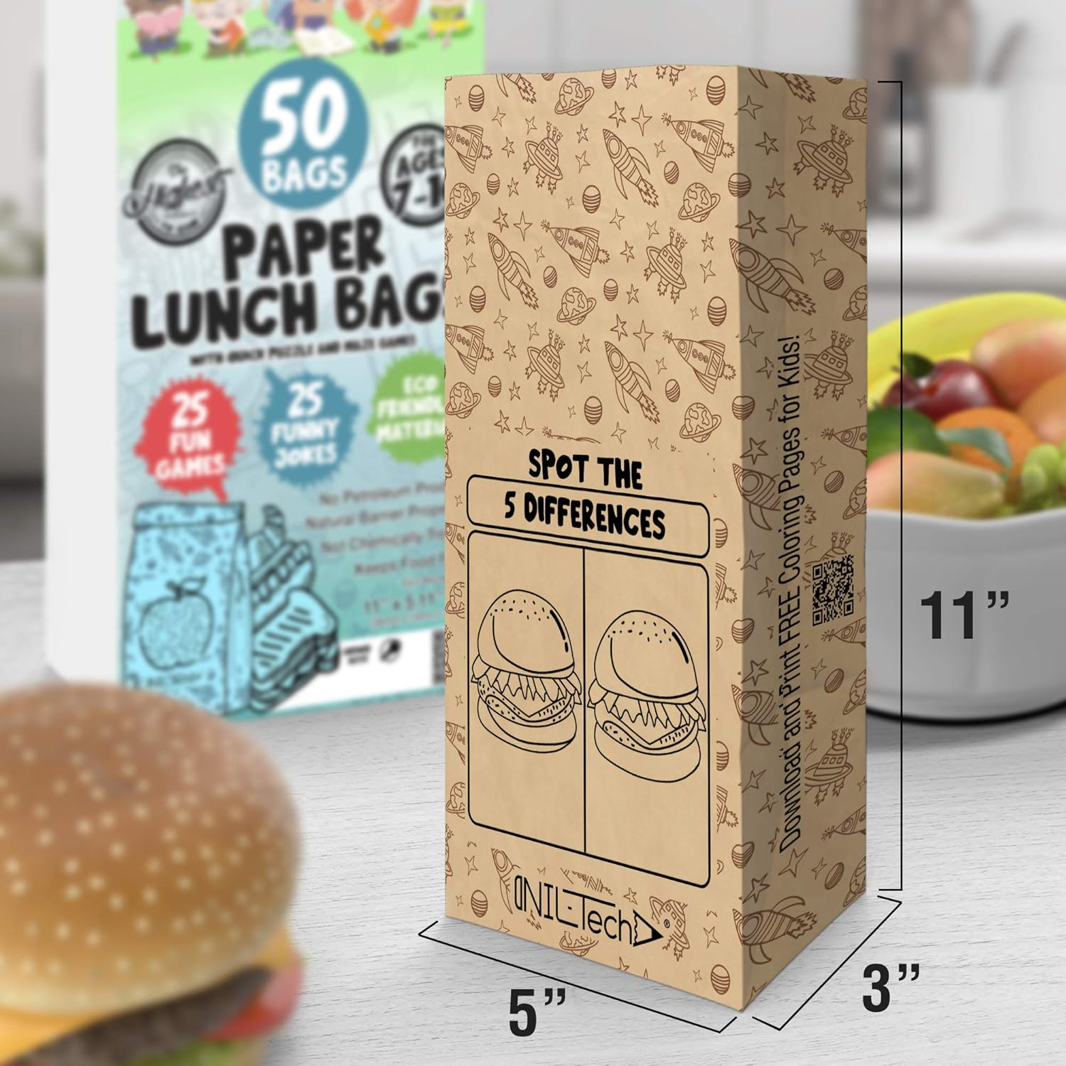 Kids Brown Paper Lunch Bags (50) - Printed Games & Jokes, Food-Safe & Biodegradable, Fun School Snack/Sandwich Bags (Pack of 5) | Kids Meal To-Go Bags, 25 Games Printed, 6LB Capacity, Food-Grade Kraft, Biodegradable, Dispenser Box