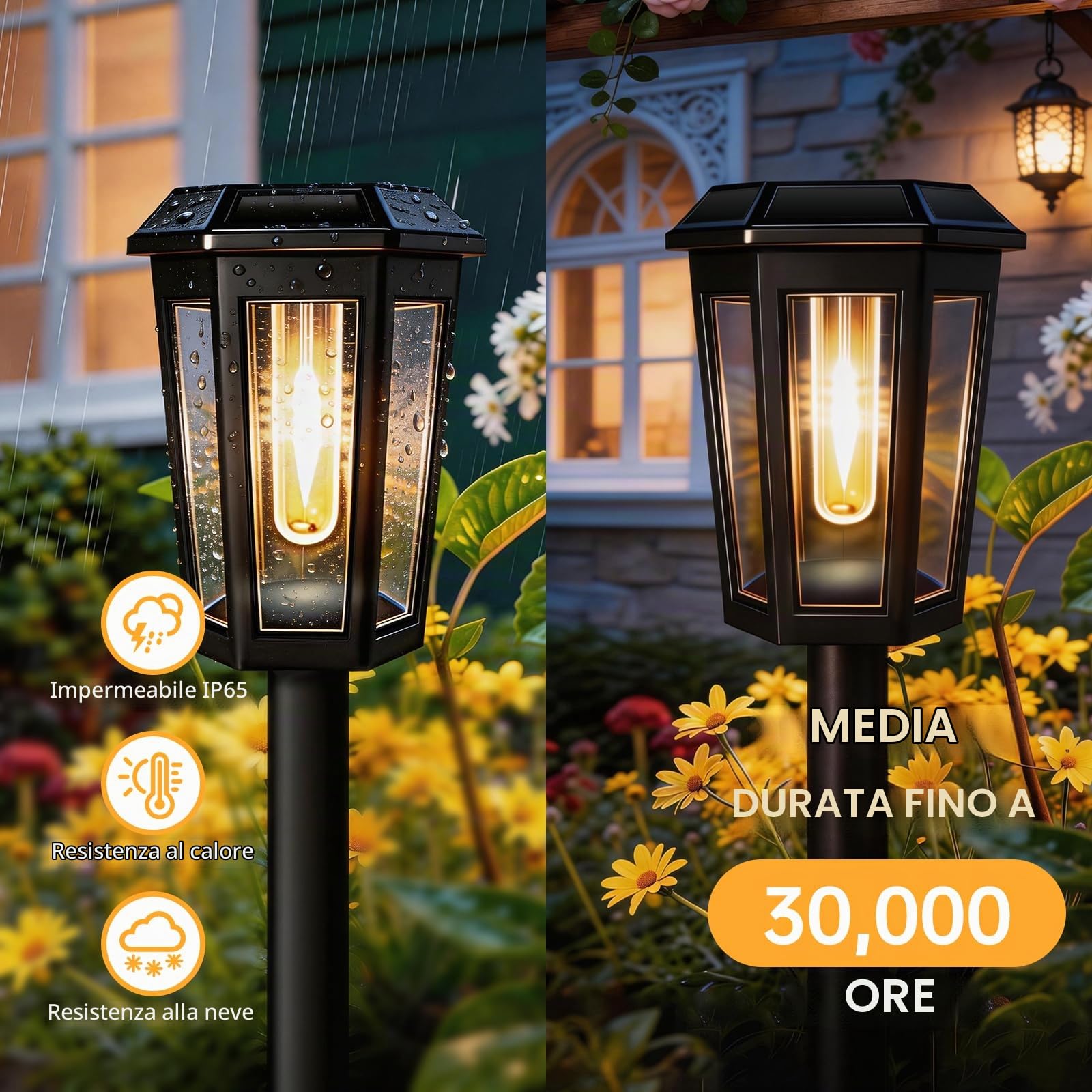 Lampade solari per esterni da giardino, 4 pezzi, luci solari da giardino con luce calda, IP65, impermeabili, per auto, accensione/spegnimento a LED, per esterni, decorazione da giardino