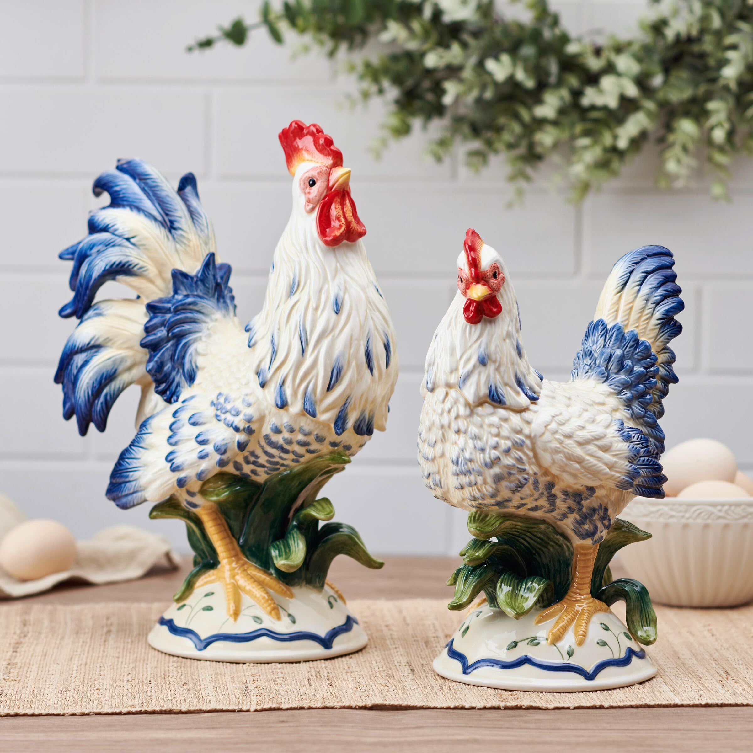 希少　MASTER CERAMICS The RUFF 陶器フィギュア Fitz and Floyd Ceramic Rooster and Hen Figurine, Sicily Blue