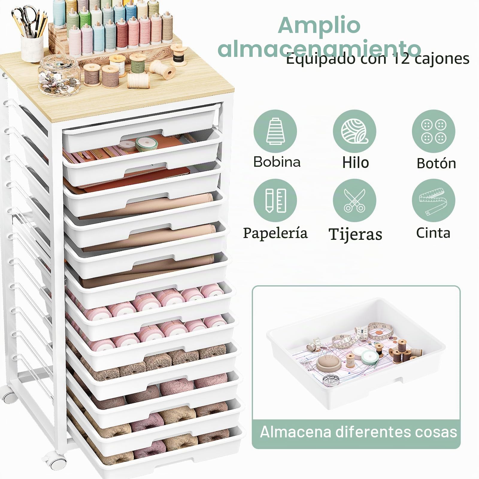 SYKIARIOL Carrito de 12 cajones con Ruedas y encimera de Madera, Blanco | Carrito multiuso para bricolaje, carrito con encimera imitación madera para baño, cocina, salón y dormitorio