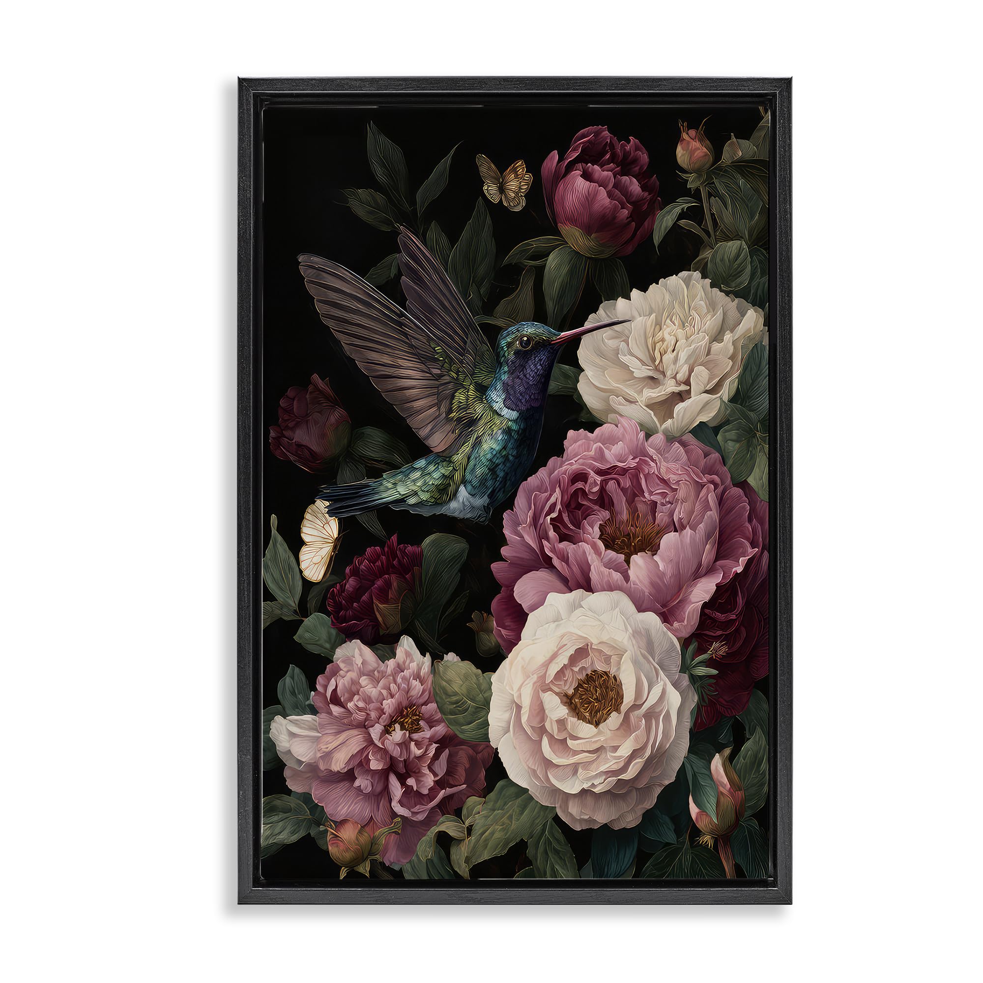 'Hummingbird & Lush Peonies'| Floating Frame Canvas Art