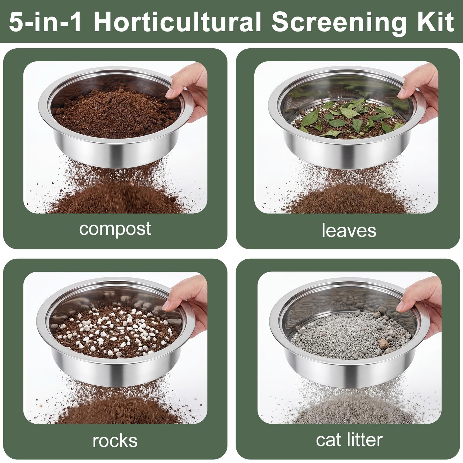 5 in 1 Setaccio da Giardino Ø 1,3,6,9,12mm Setaccio Sabbiain Acciaio Inox + 1 Vanga a Mano per Terra, Pietre, Compost, Erbacce, Sabbia