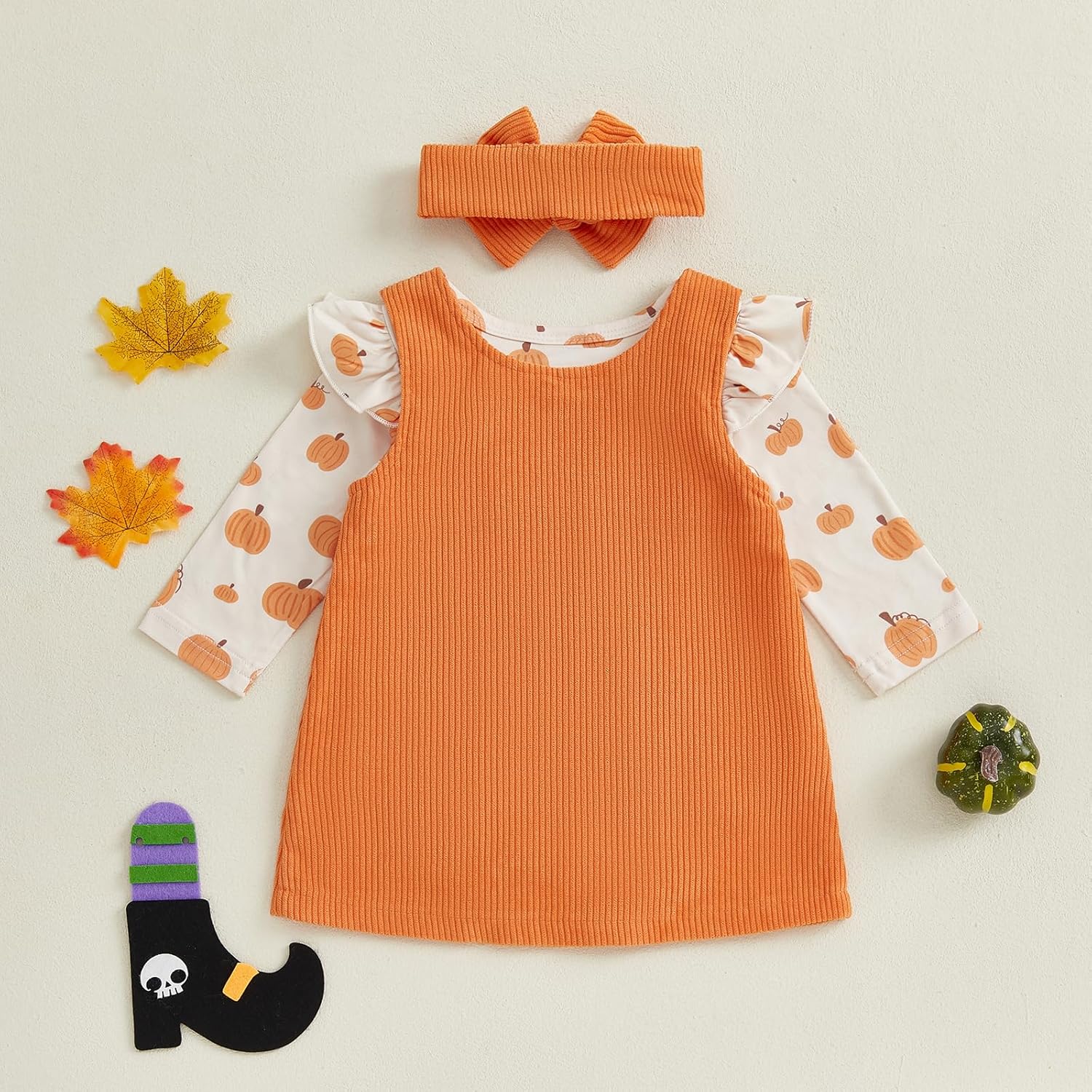 Adobabirl My First Halloween Baby Girl Outfit Pumpkin Ruffle Long Sleeve Romper Overall Dress Headband Cute Fall Clothes - Image 7