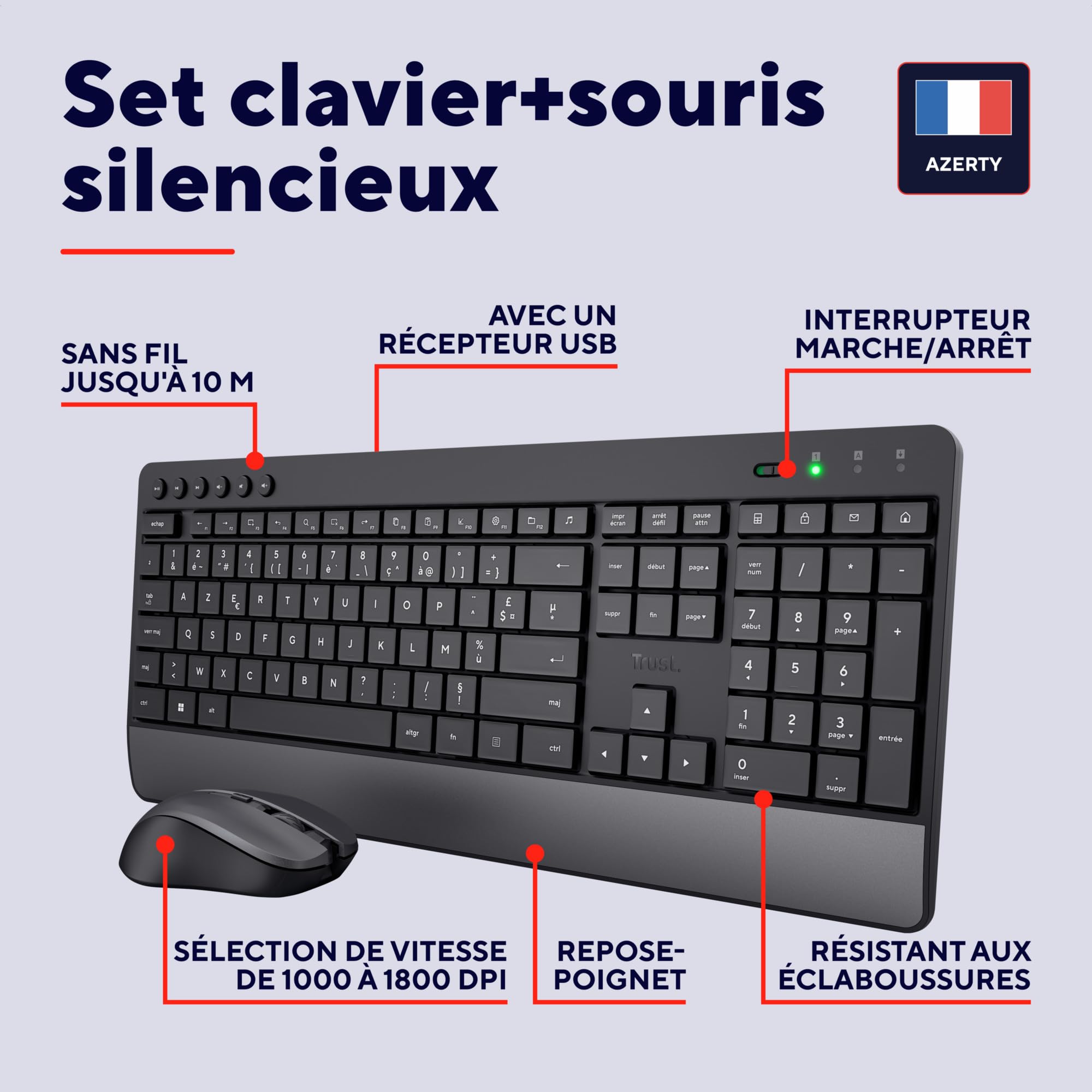 Trust Trezo Ensemble Clavier Souris sans Fil, AZERTY Français, Noir | Conception Durable, Clavier Silencieux et Ergonomique, Batterie Longue Durée 48 Mois, 2.4 GHz, PC, Portable, Ordinateur