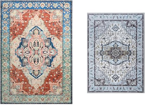 Washable Area Rug 5x7+ 3x5, Low Pile Super Soft Carpet, Vitnage Distressed Rug for Bedroom, Living Room, Dining Room, Non-Slip, Low Pile, Terracotta and Blue