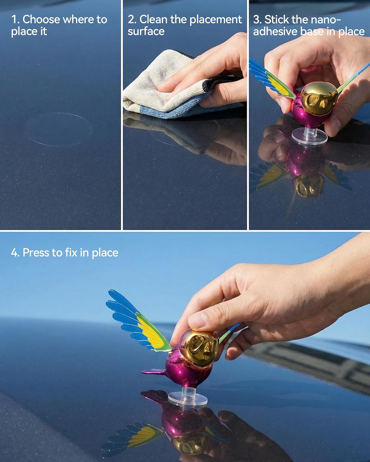Flying Bird Car Accessories, Wind Powered Spinning Bird Toy, Funny Moving Bird Ornament for Car Exterior, Motorcycle Helmet, Mirror, Antenna Decoration, Weatherproof Auto Decor Gift