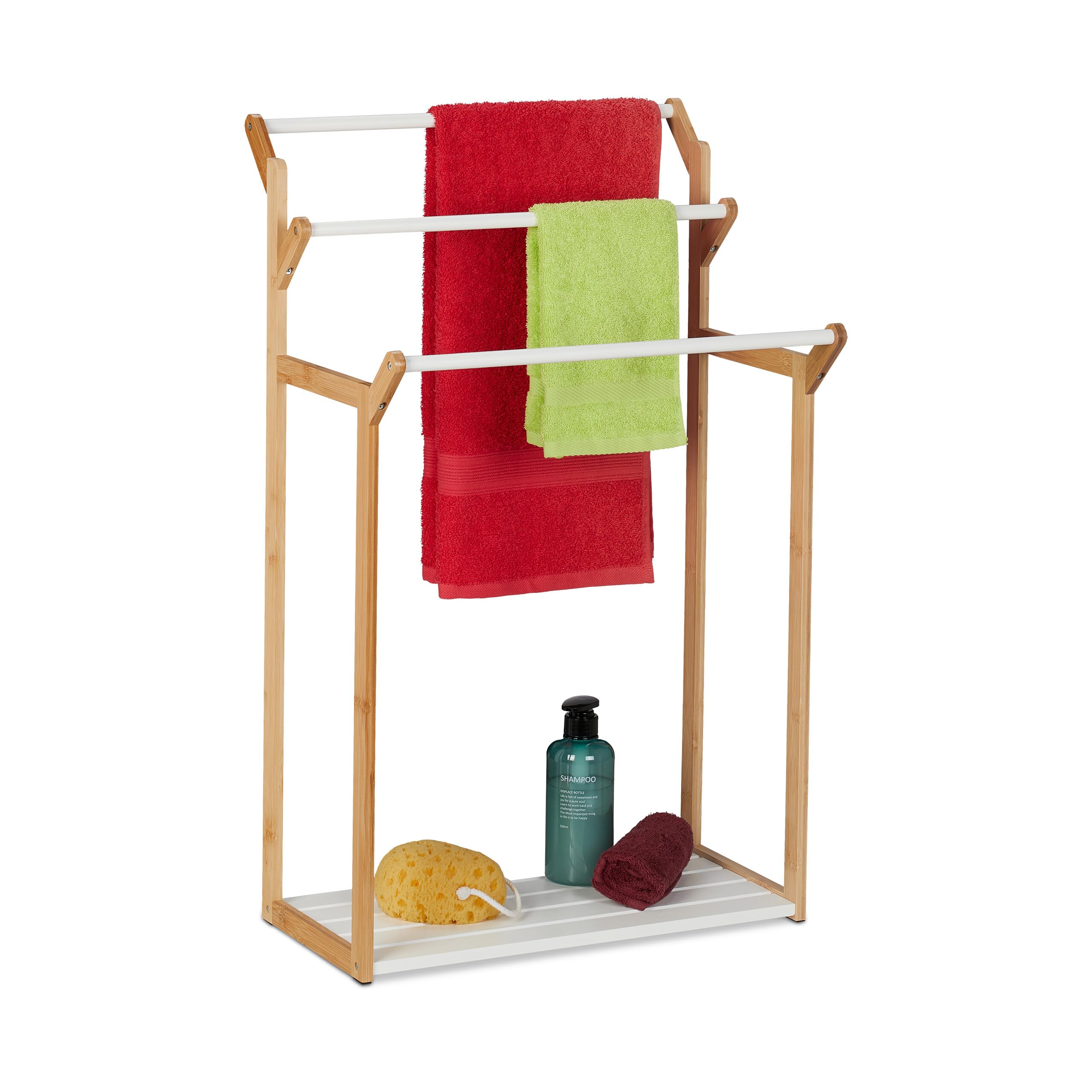 Relaxdays Handdoekenrek van walnoothout, 98 x 66 x 31 cm (h x b x d), was- en kledingrek, naturel