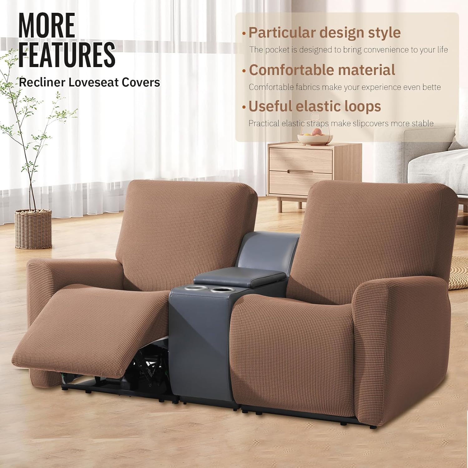 KEKUOU Recliner Loveseat Covers, 4 Pieces Stretch Recliner Sofa Covers for 2 seat Reclining Loveseat Couch, Furniture Protector with Elastic Bottom for Babies and Dogs.(Loveseat Recliner,Camel)