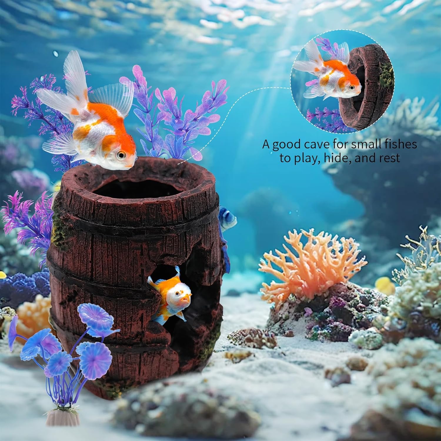 Juego 5 Piezas decoración Acuario, Accesorios Peces Betta, Adornos Cueva Barril + Estrellas mar y Plantas Artificiales (1 Barril con Estrellas, 4 Plantas)