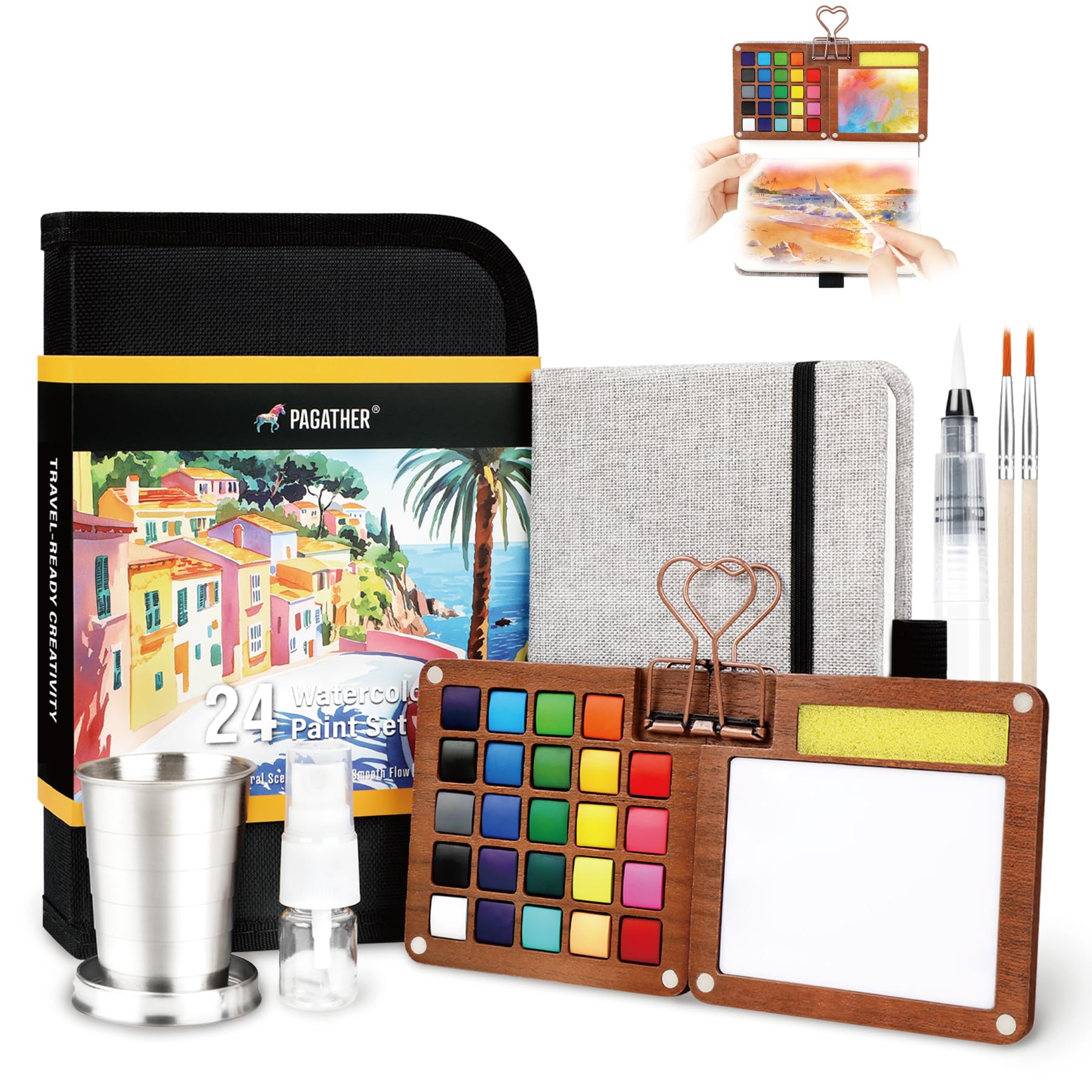 Pagather Travel Watercolor Paint Set, 24 Colors Mini Portable Pocket Kit