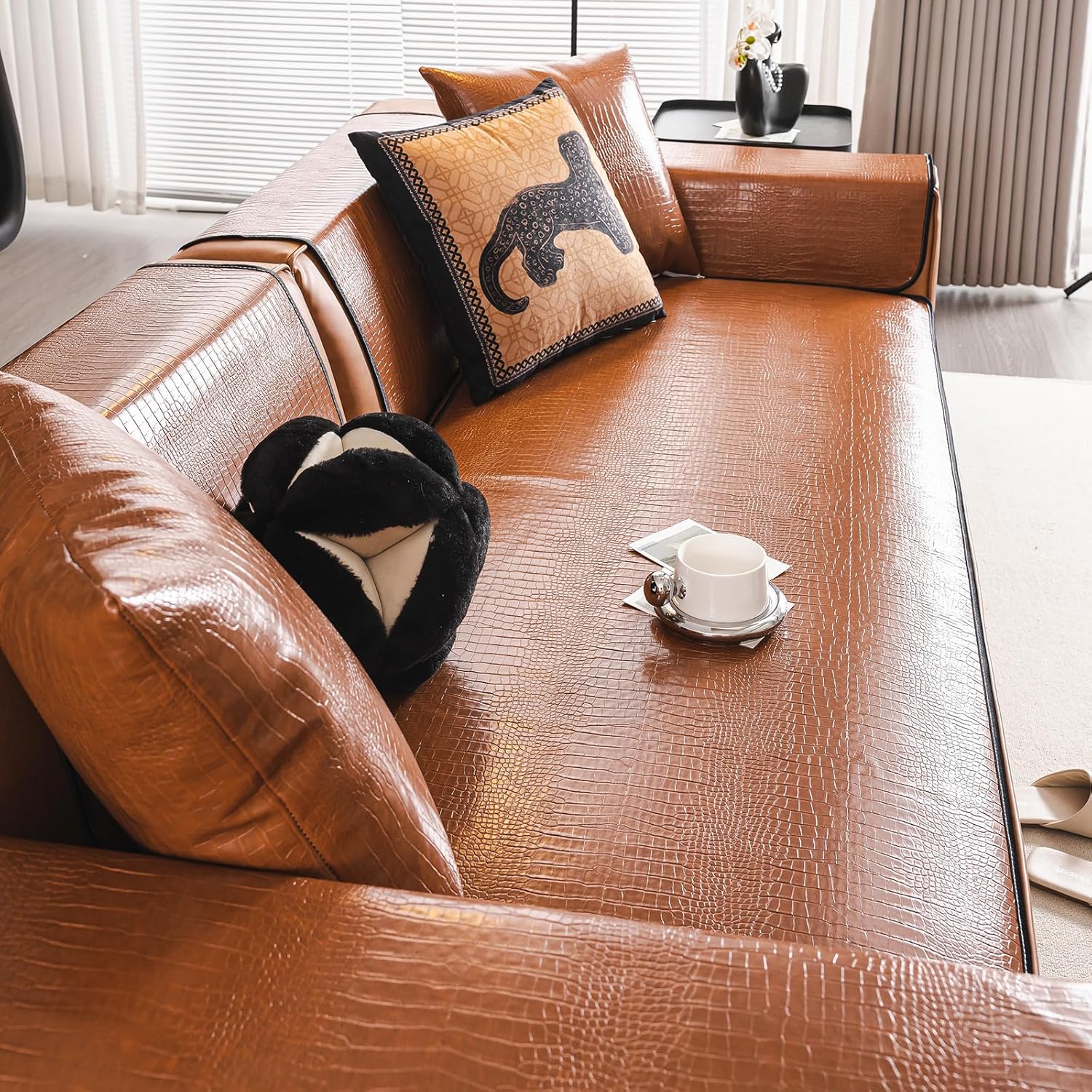 vctops Waterproof Vintage Brown PU Leather Couch Cover Anti Slip Sofa Cover for Dogs Wipe Clean Leakproof Sectional Couch Covers Furniture Protector for Pet Cat (Yellow Brown,30"x94")