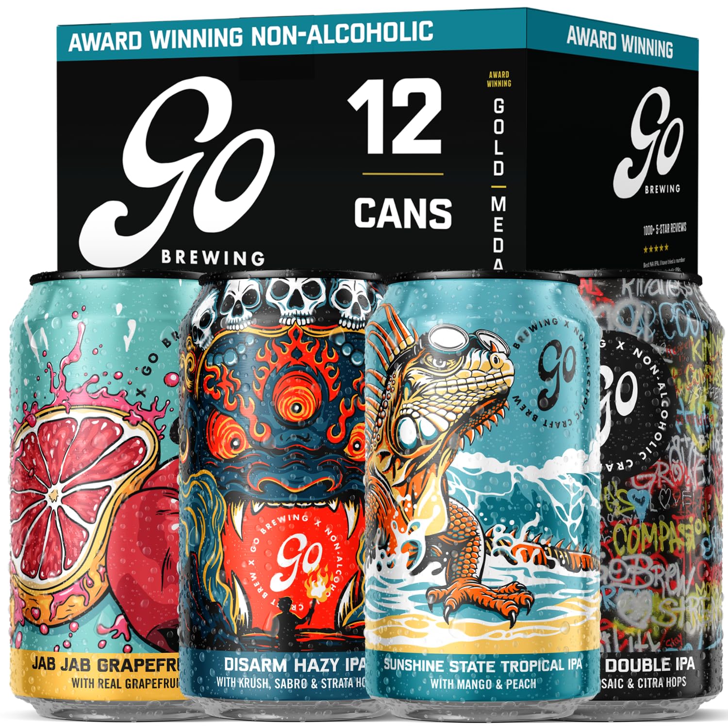 Go Brewing - IPA 12 Mixed Pack - Non Alcoholic Beer - Small Batch Brew - Low Calorie Drink - Featuring Double IPA, Disarm Hazy, Grapefruit & Tropical IPA - Low-Calorie, NA Brew (12 oz, 12 Pack)