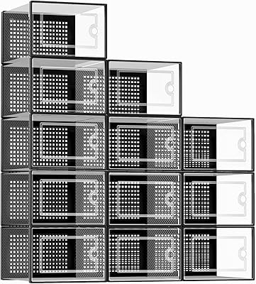 Kuject X-Large Shoe Storage Boxes Organizers Clear Plastic Stackable 12 Pack, Shoe Rack & Holder Substitute, Sneaker Containers, Toy Storage Organizer Bins for Entryway, Closet, Under Bed, Black