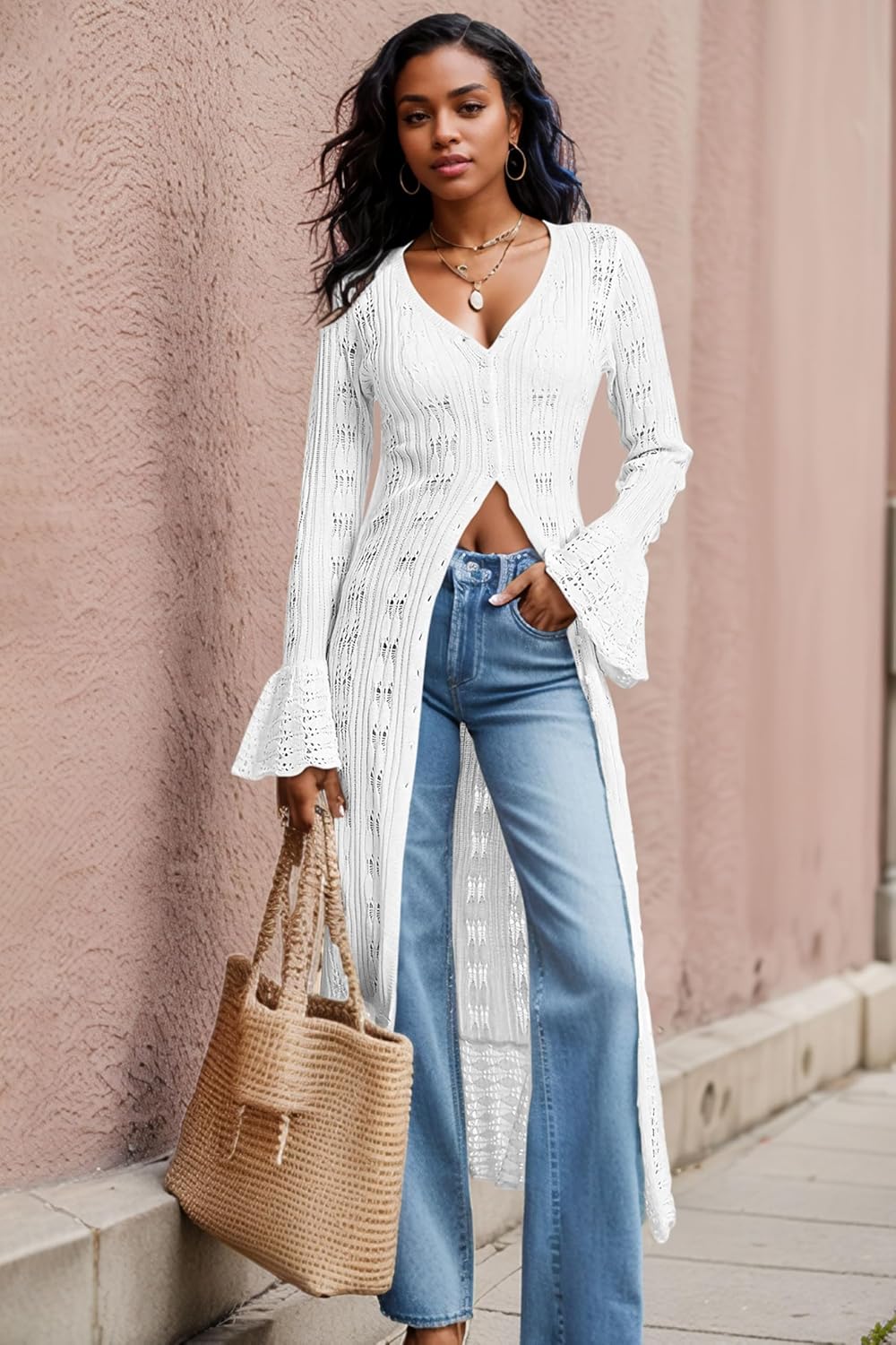 Maxi Long Cardigan Sweaters for Women Lightweight Crochet Bell Long Sleeve Ruffle Summer Beach Cover Up Fall Dress - Image 4