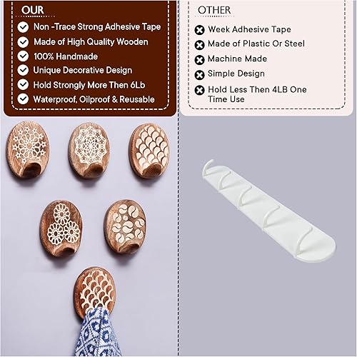 Miniatura 19 de Indian Shelf 3 ganchos, 6 tiras de ganchos de pared adhesivos de madera, ganchos decorativos de pared para colgar, gancho adhesivo bohemio