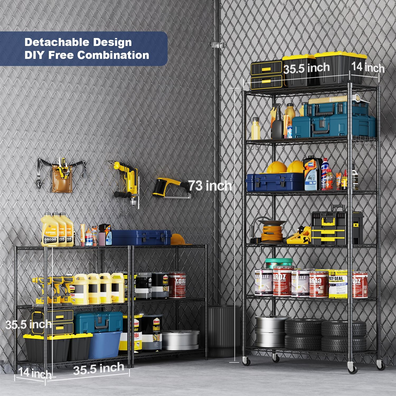 Himix 73''H X 35.5''W X14''D 6 Tier Wire Shelf with Wheels 10 Hooks, Adjustable NSF Wire Shelving Unit Heavy Duty Metal Storage Shelves Free Standing Rack Organization for Pantry,Kitchen,Garage - Image 2