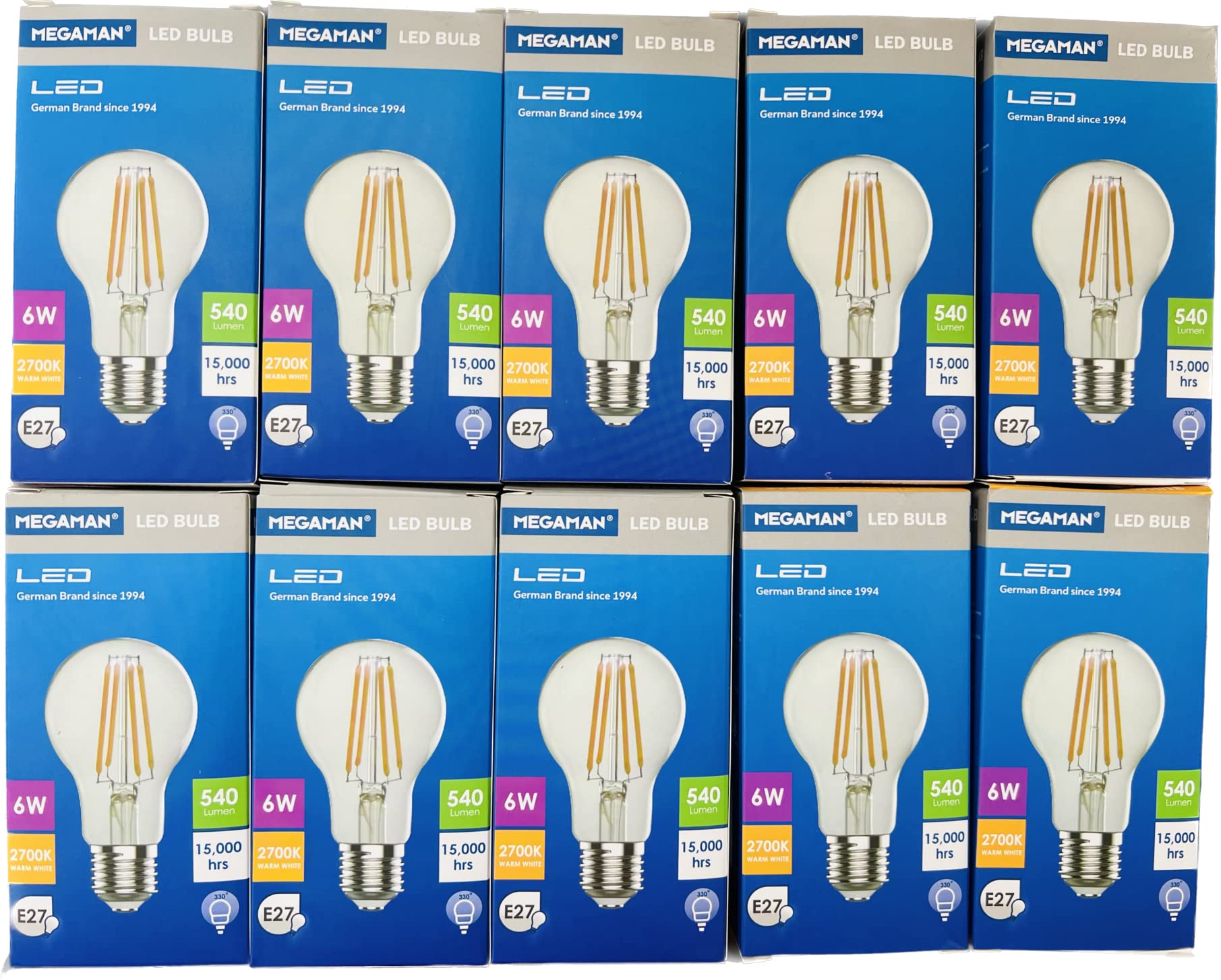 Megaman led 6w 2700k warm white (yellow color) E27, Filamint led, 540 lm, 15000 hrs life time, (pack of 10 bulbs)
