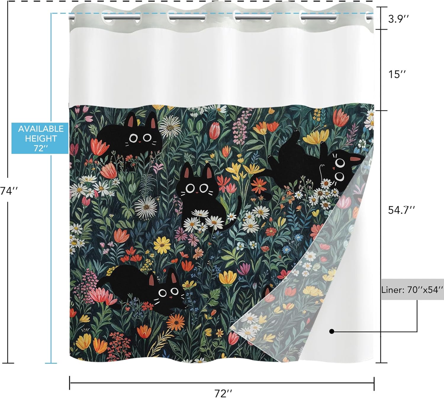 Fowocu No Hook Shower Curtain with Snap in Liner Funny Black Cats Boho Floral Daisy Flower Shower Curtains for Bathroom Fun Kitten Animal Wildflower Waterproof Fabric Bath Curtain Decor 71×74In