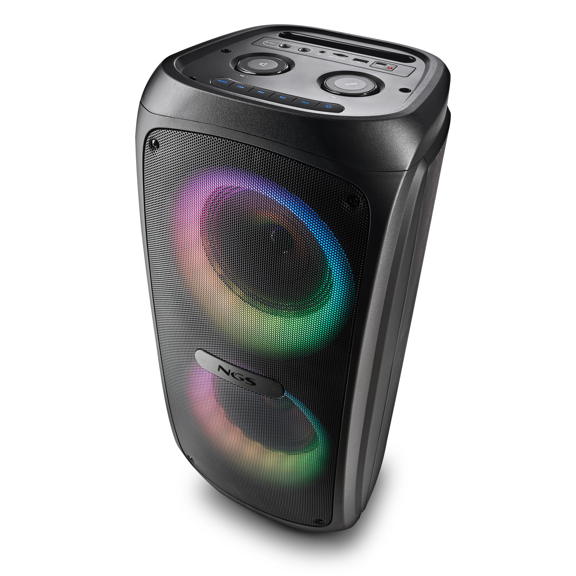 NGS Wild Temper - Altoparlante portatile Bluetooth 5.3 per feste, 200 W, TWS, luci LED RGB, doppio ingresso microfono karaoke, USB/AUX, batteria da 4400 mAh
