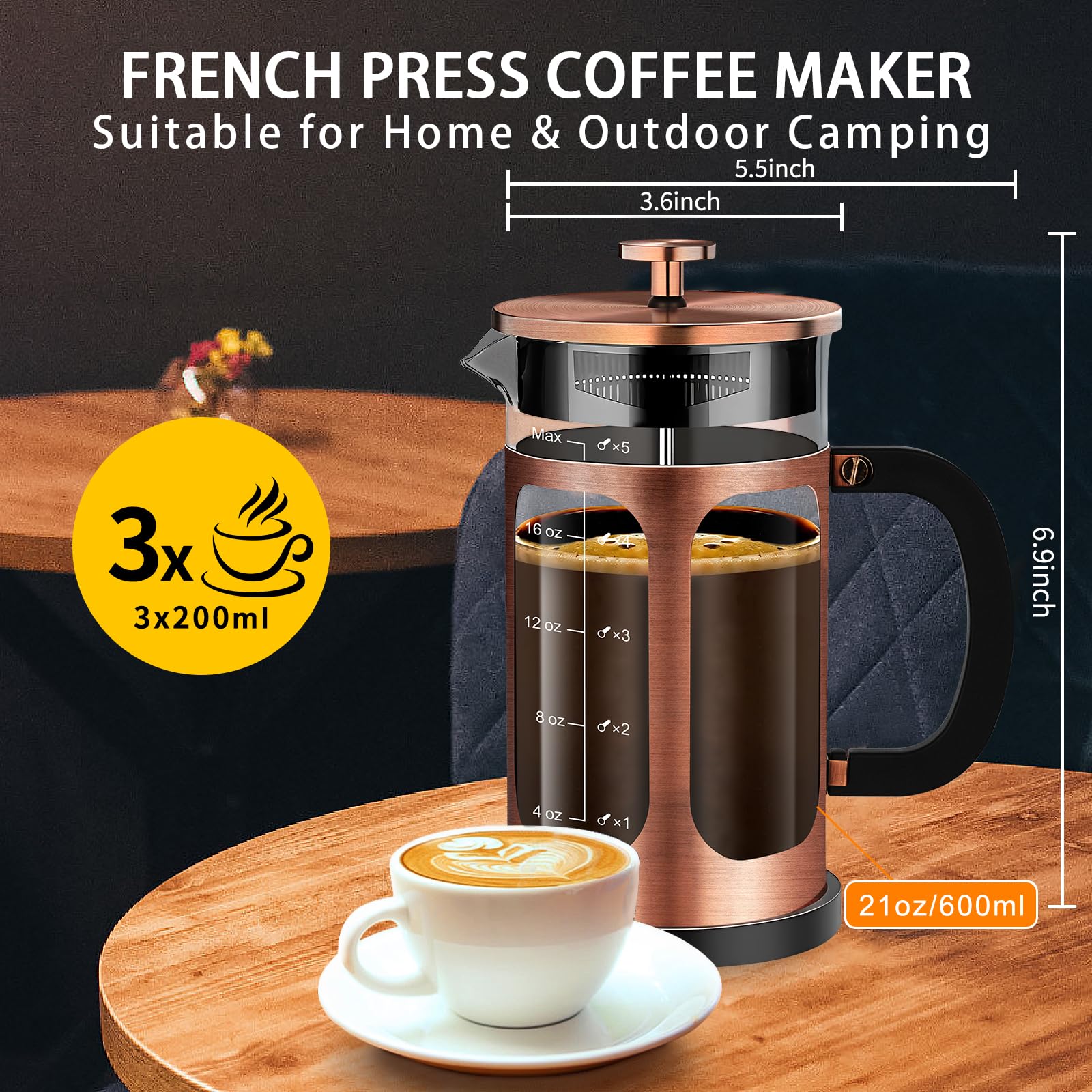 YMMIND Cafetera de prensa francesa (21 onzas, 600 ml, 3-4 tazas), prensa de café, con sistema de 4 filtros, vidrio de borosilicato de grosor resistente al calor, taza de té para café en frío, regalos