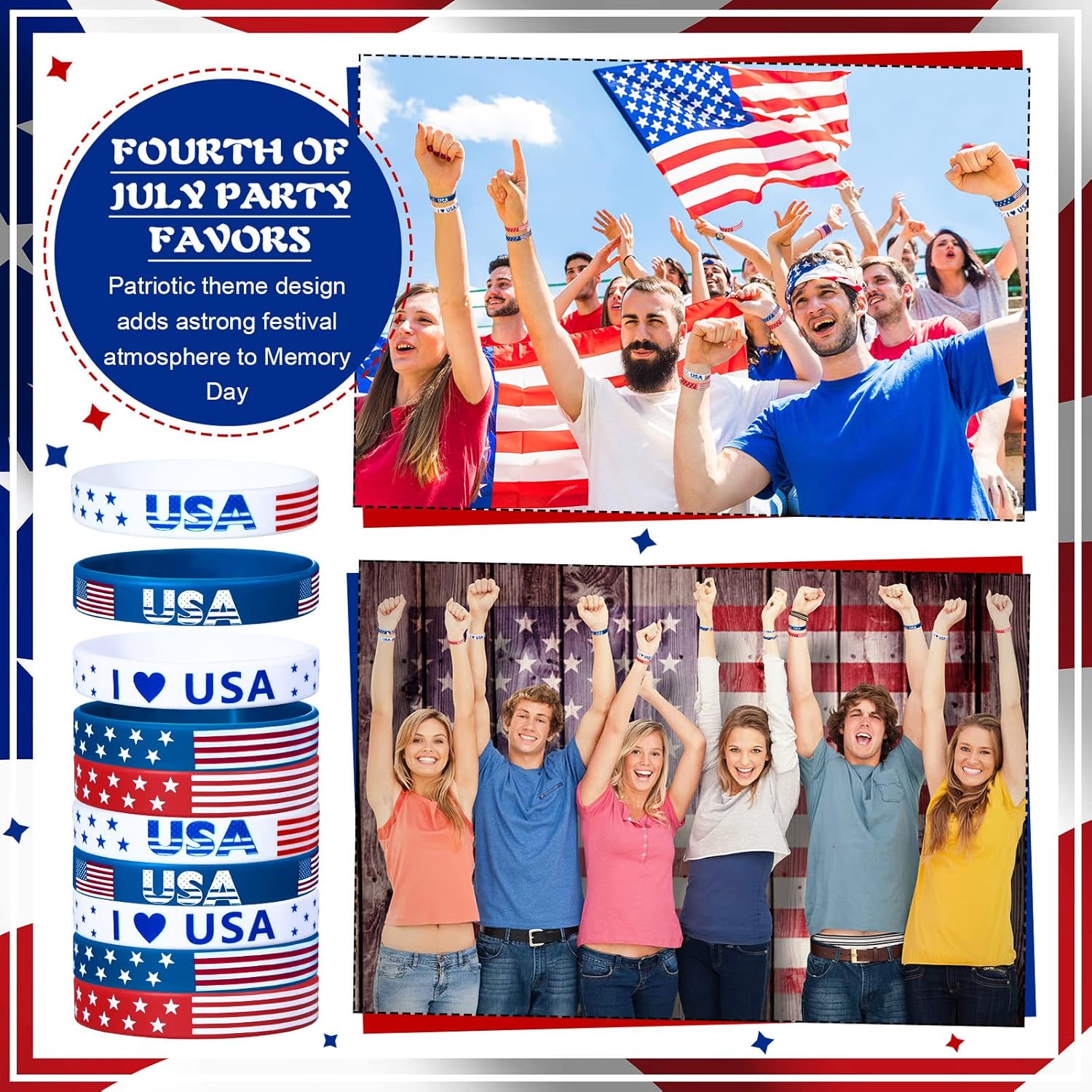Meooeck 4th of July Silicone Bracelet American Flag Patriotic Party Wristband Red White and Blue Rubber Wristbands for Independence Day Fourth of July Accessories Parade Throws Bulk Gifts (200 Pcs)