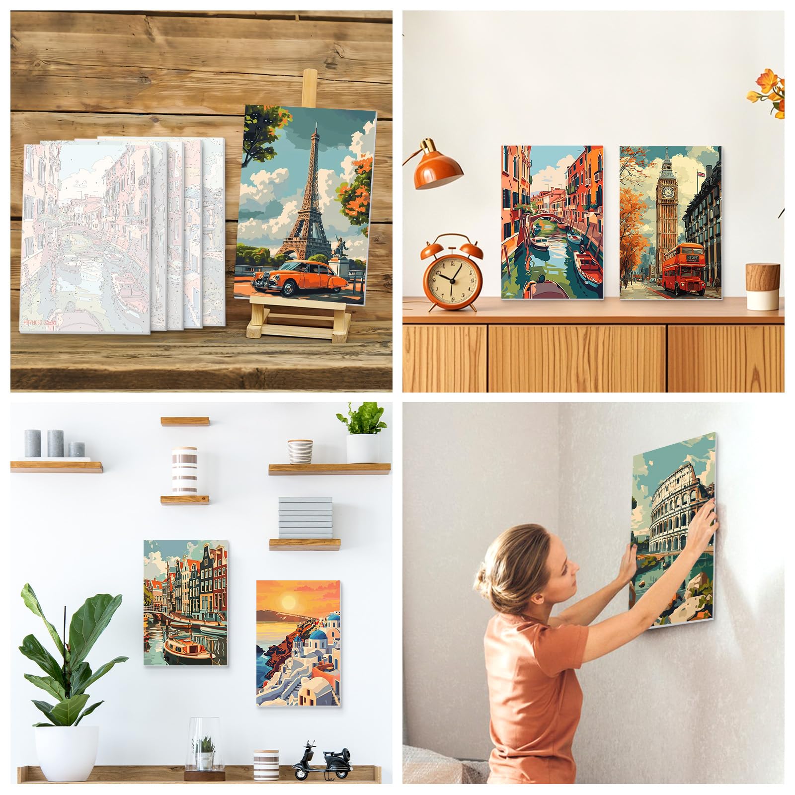 QENSPE 6 Pezzi Kit Dipingere con i Numeri, Tele Tese per Dipingere per Adulti, Pittura a Olio Acrilico per Studenti Principianti Accessori per Feste di Disegno, Paesaggio Urbano Vintage (20x30 cm)