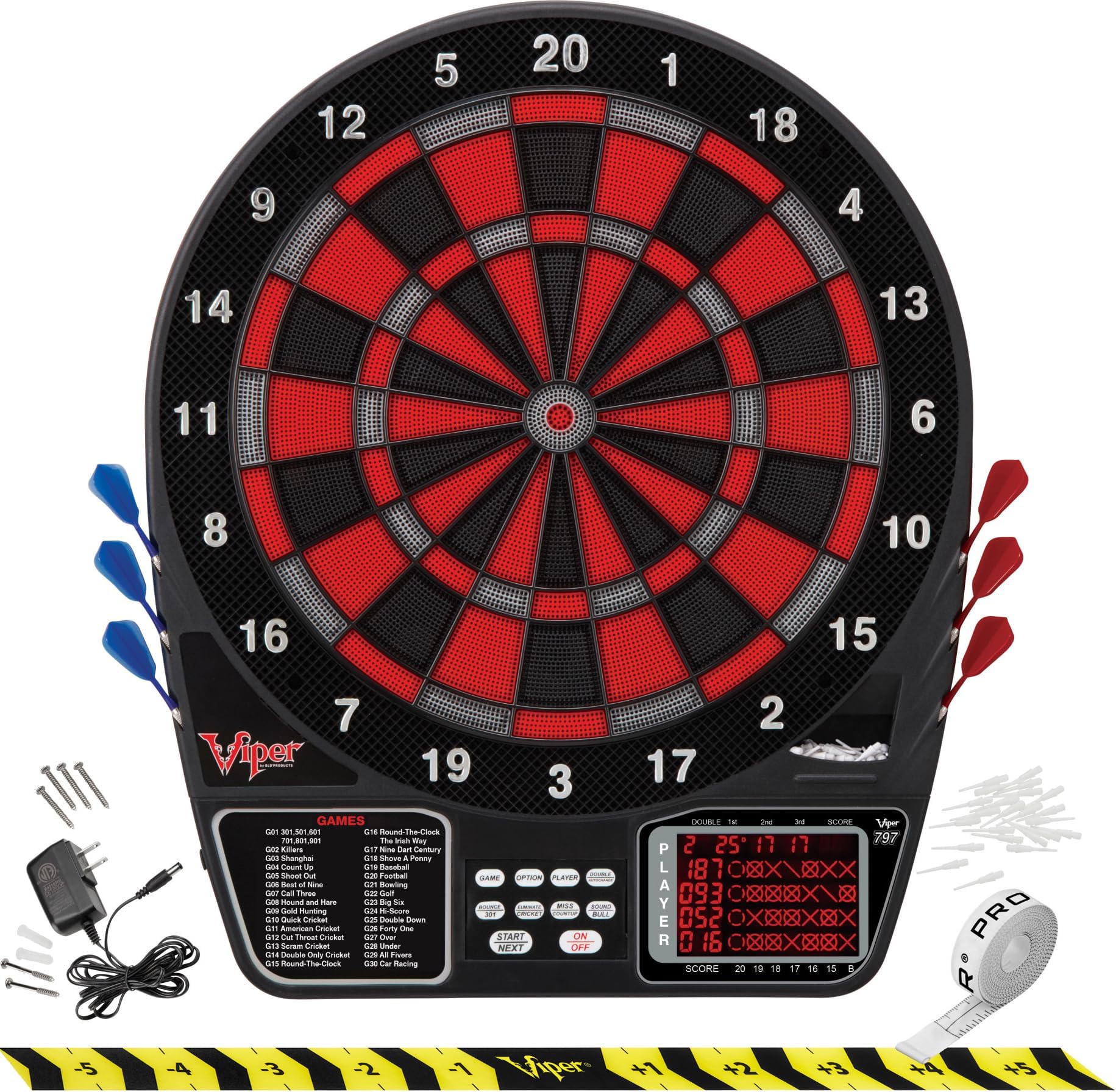 797 Electronic Dartboard, Quick Access To 301 And Countup From Button Interface, Extended Catch Ring, 11 Square Inch Scoreboard Display, Includes Darts And Extra Tips, 43 Games And 241 Options, Black
