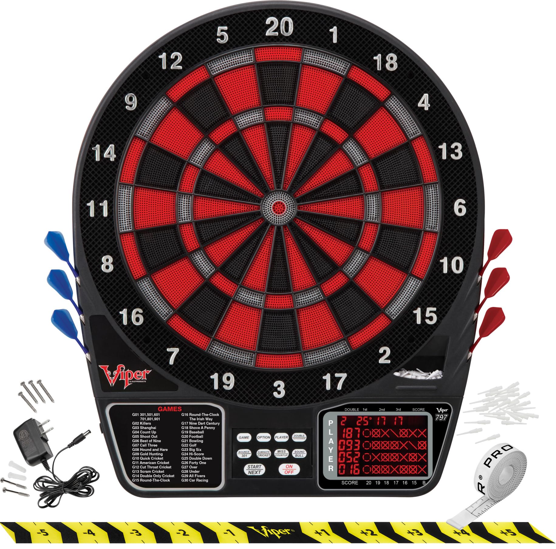 Viper by GLD Products 797 Electronic Dartboard, Quick Access To 301 And Countup From Button Interface, Extended Catch Ring, 11 Square Inch Scoreboard Display, Includes Darts And Extra Tips, 43 Games And 241 Options, Black