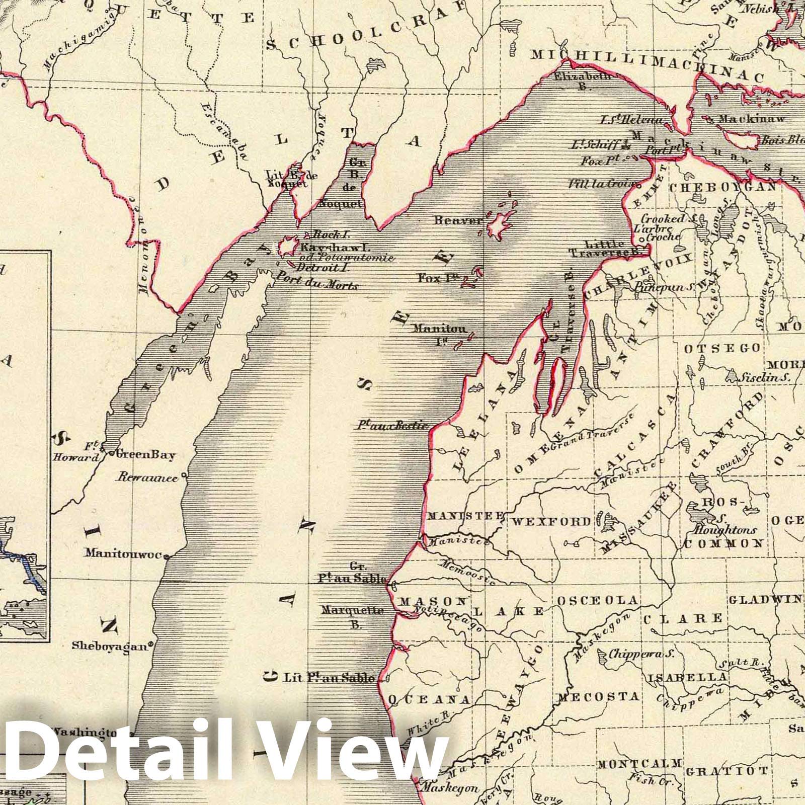 Mapa histórico - Atlas Nacional - Michigan 1854 - Arte de pared vintage - 30 x 24 pulgadas