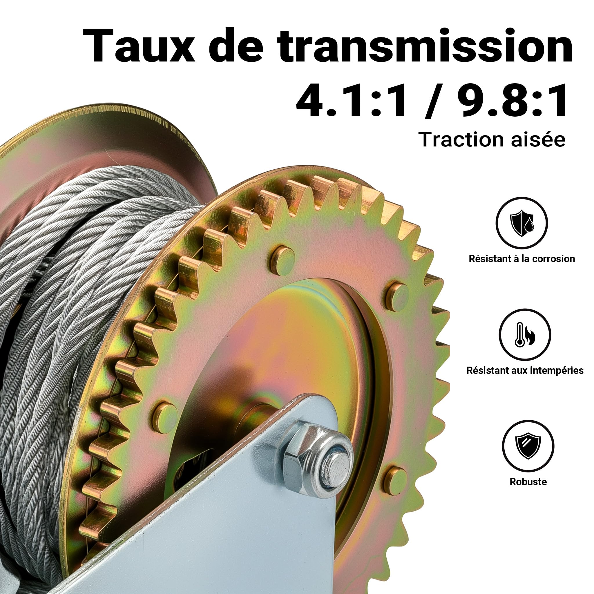 Wiltec Treuil à câble manuel de halage - en Acier galvanisé - Charge max. 1100 kg - câble 8 m - Rapport de transmision 4:1 8:1 - avec Manivelle - pour Bateau Auto