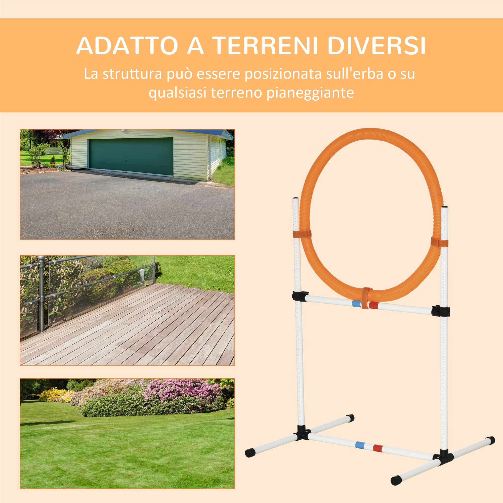 PawHut Set Agility Dog Portatile con Anello e Sbarra, Multiuso e Salvaspazio, con Borsa da Trasporto Inclusa, 74.5x66x91cm, Bianco e Arancione