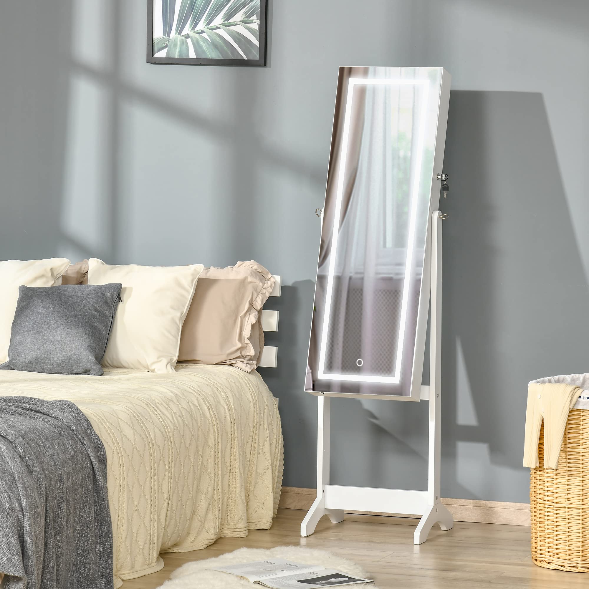 HOMCOM Espejo Joyero con Luces LED, Armario de Pie, Cierre Magnético, Blanco y Forro Negro