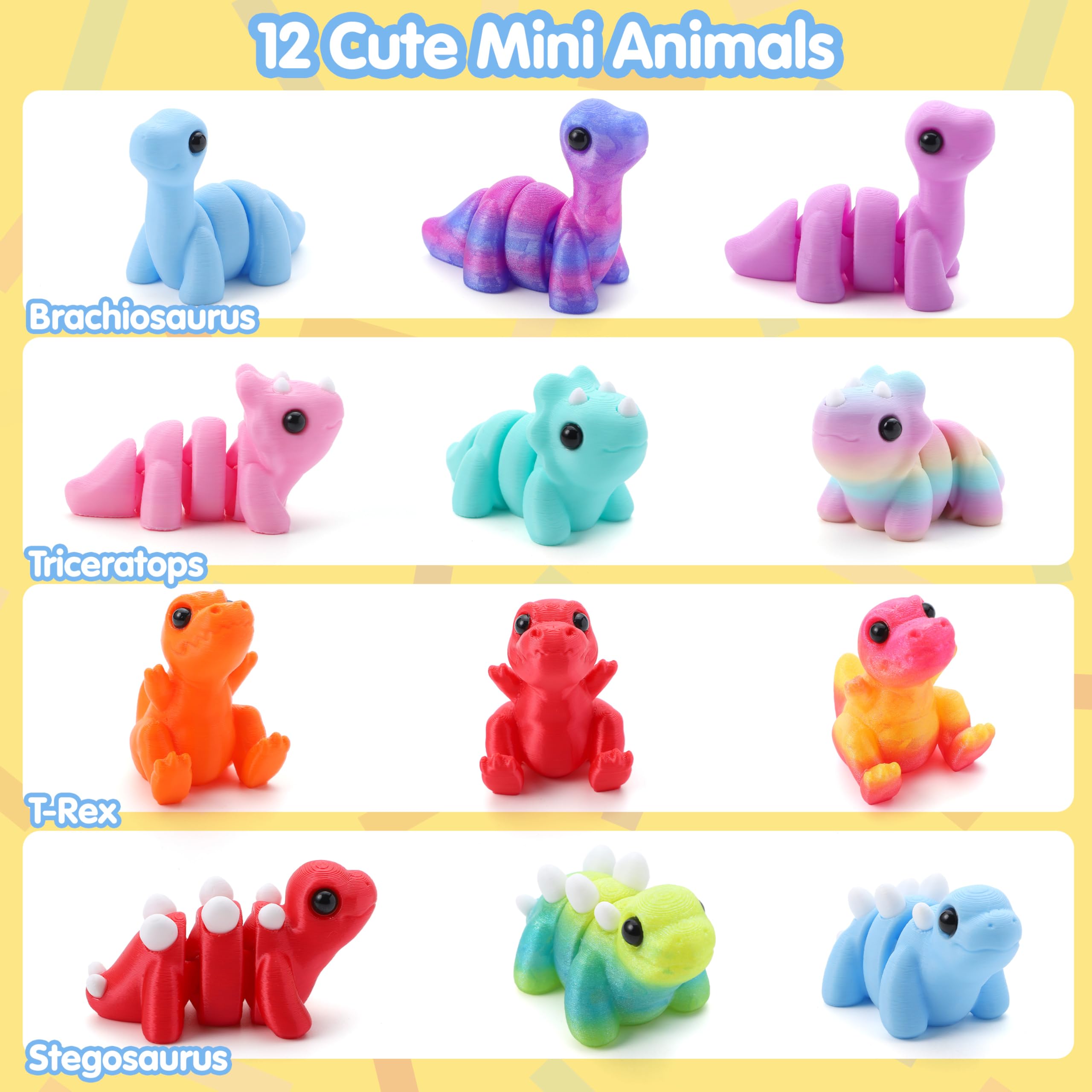 JOYIN 12-teiliges 3D-gedrucktes Dinosaurier-Tier-Set, Mini-Tiere, 3D-gedrucktes Spielzeug – niedliche bewegliche flexible Figuren, Fidget-Spielzeug für Partygeschenke, Geburtstagsgeschenke