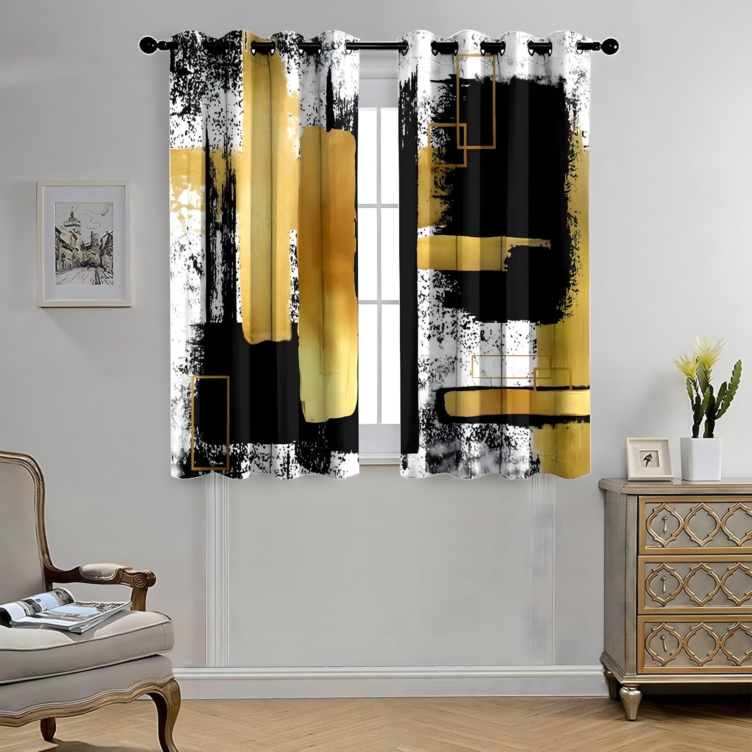 Czarne, białe i złote zasłony, zestaw 2 sztuk, abstrakcyjna geometria, zasłona termiczna, ochrona przed zimnem, wys. 250 x szer. 70 cm, zasłona zaciemniająca na przelotkach, do pokoju